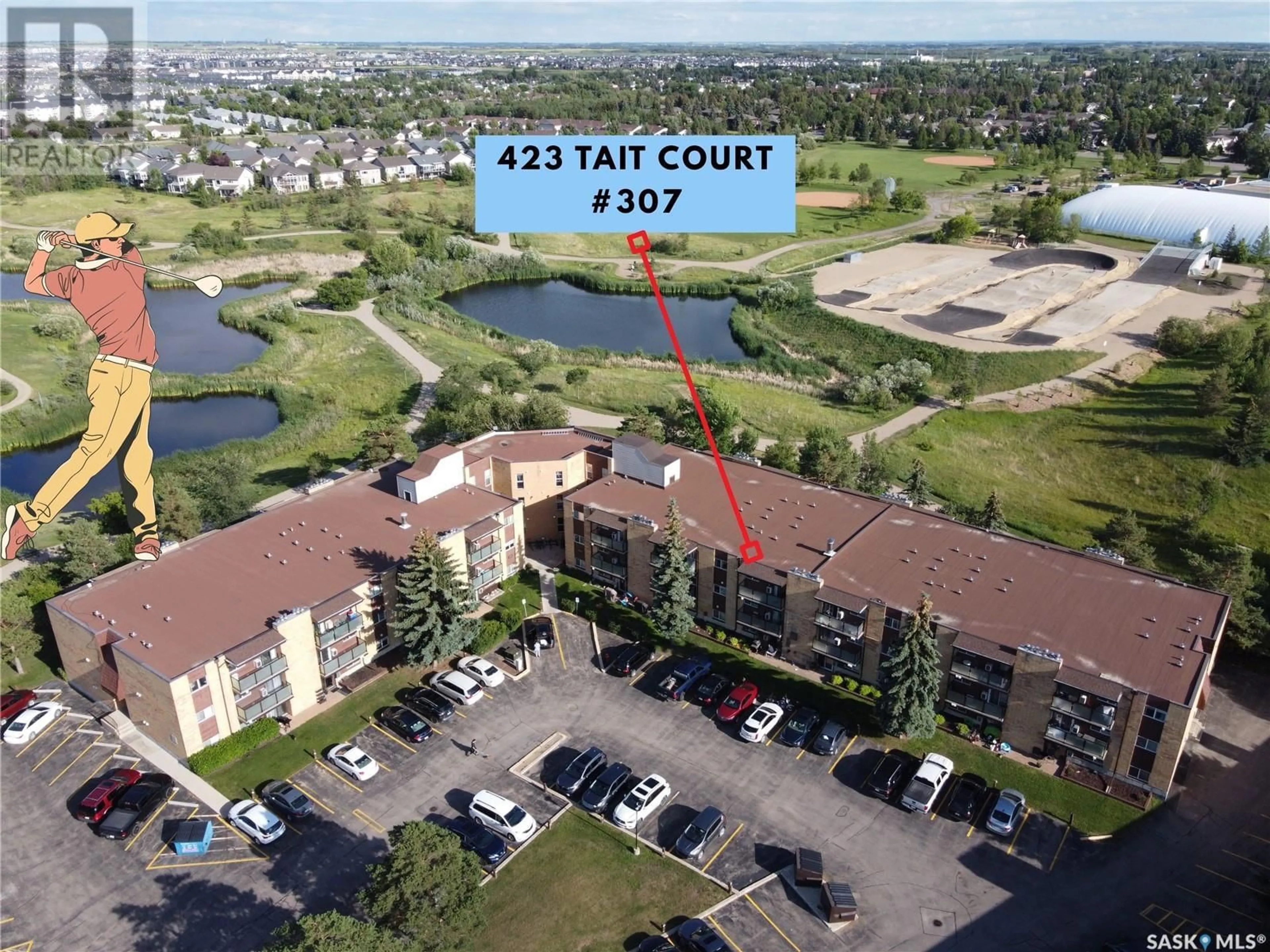 A pic from outside/outdoor area/front of a property/back of a property/a pic from drone, water/lake/river/ocean view for 307 423 TAIT CRESCENT, Saskatoon Saskatchewan S7H5L3