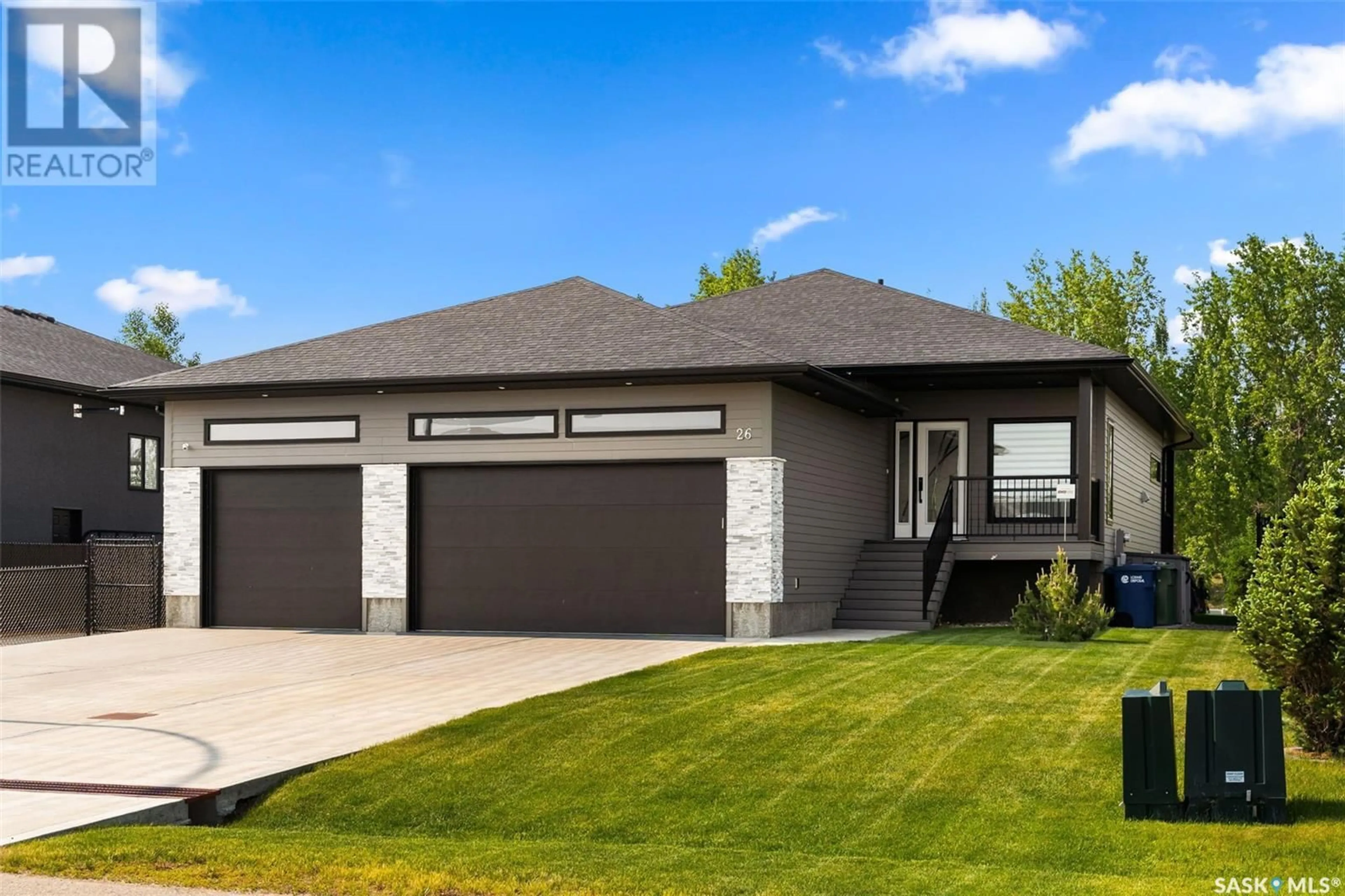 Home with vinyl exterior material, street for 26 MOTHERWELL DRIVE, White City Saskatchewan S4L0C5