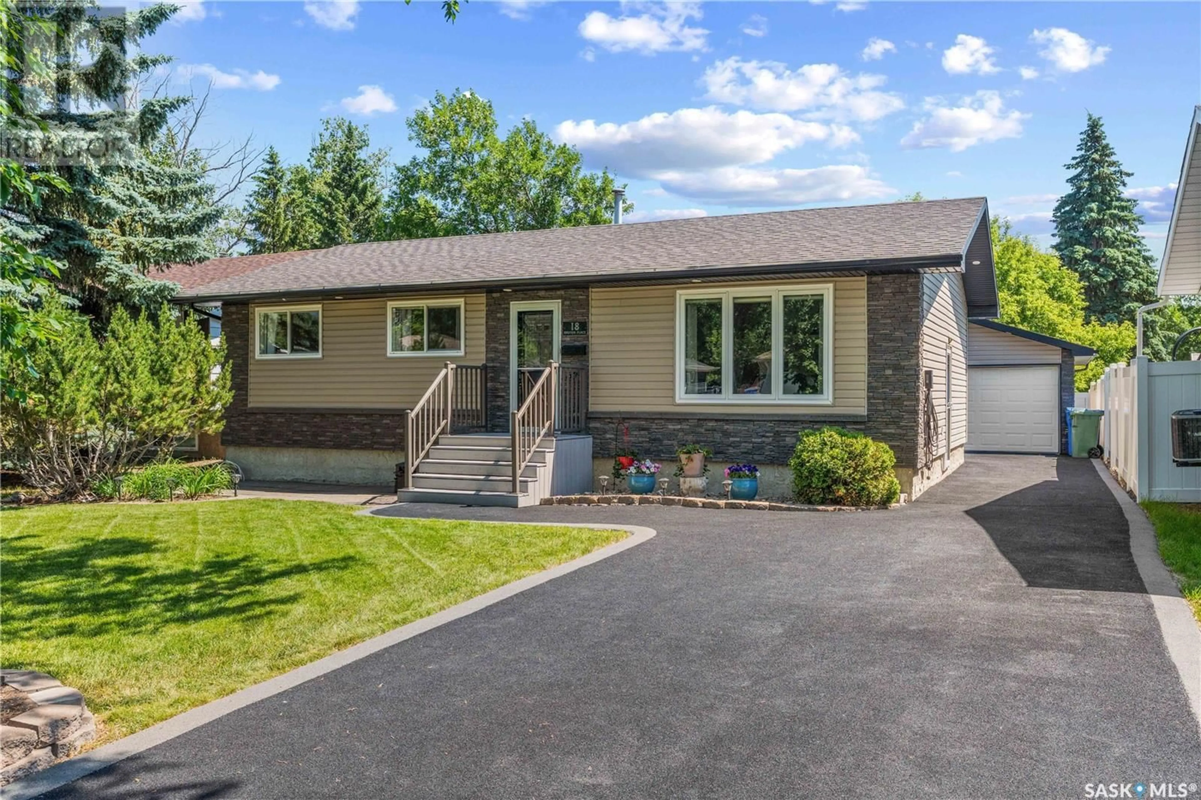 Home with vinyl exterior material, street for 18 BRUTON PLACE, Regina Saskatchewan S4X1P7