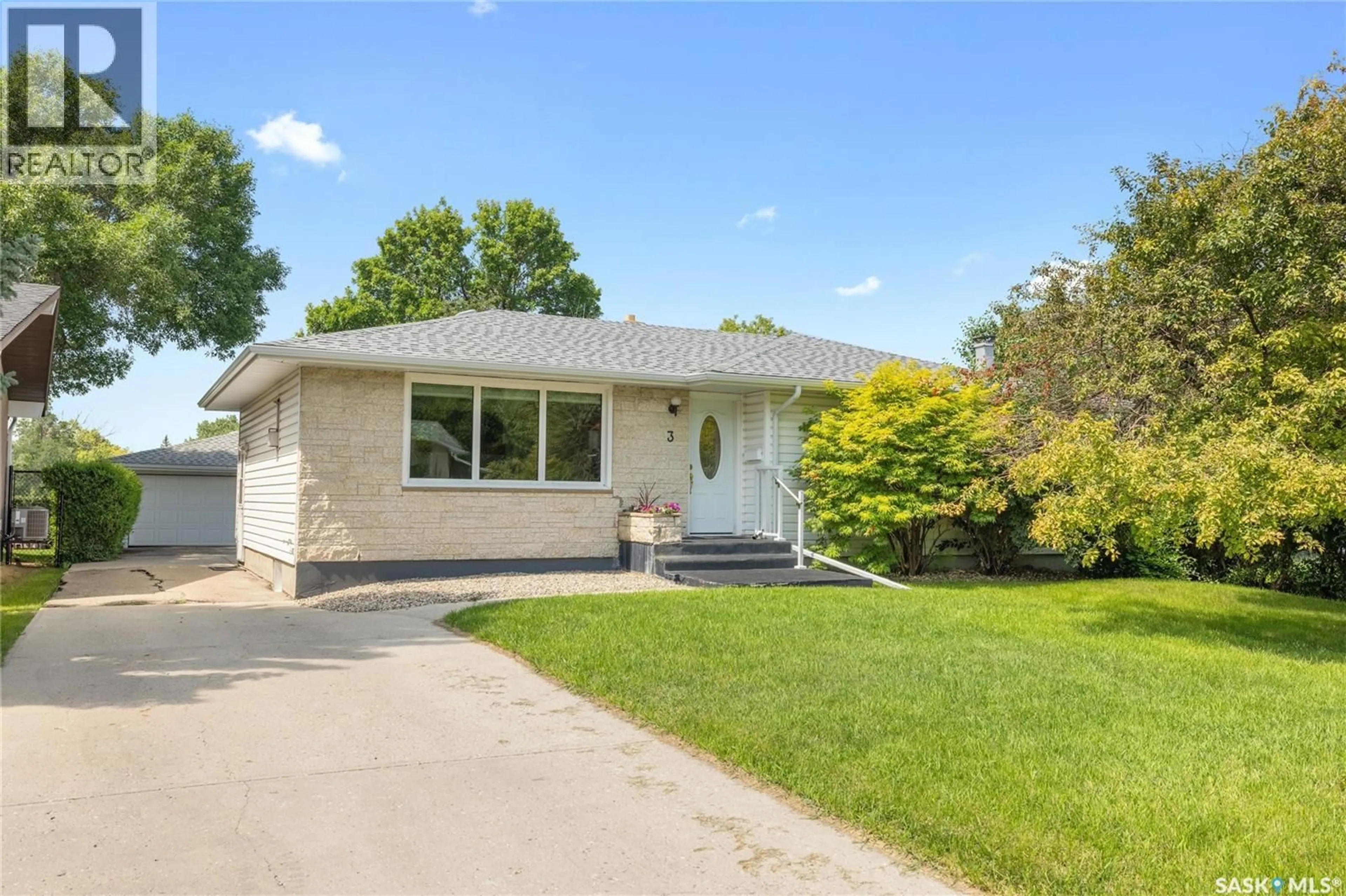 Home with vinyl exterior material, street for 3 ROSEWOOD PLACE, Regina Saskatchewan S4S5N5