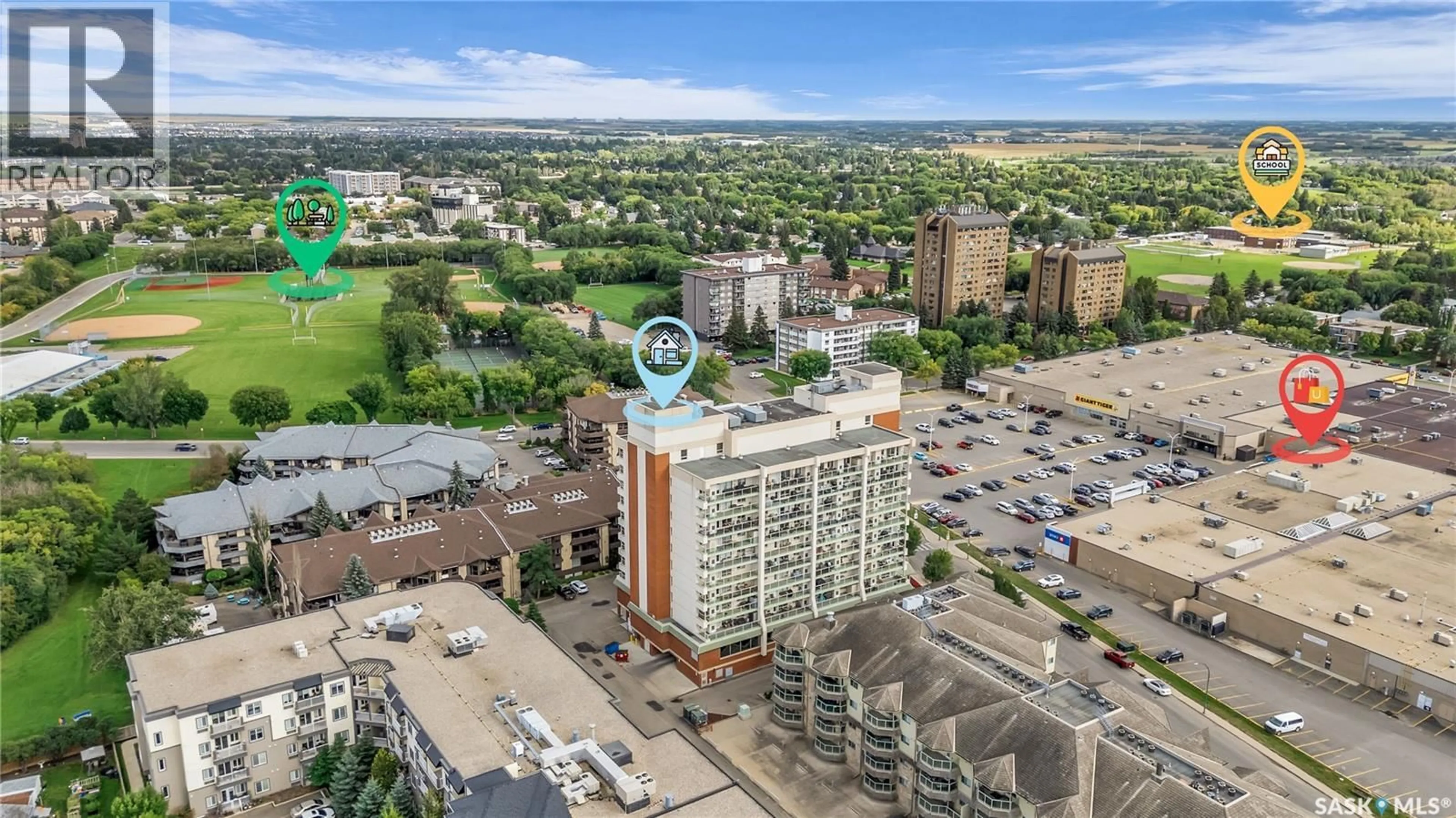 A pic from outside/outdoor area/front of a property/back of a property/a pic from drone, city buildings view from balcony for 506 - 2221 ADELAIDE STREET, Saskatoon Saskatchewan S7J5L9