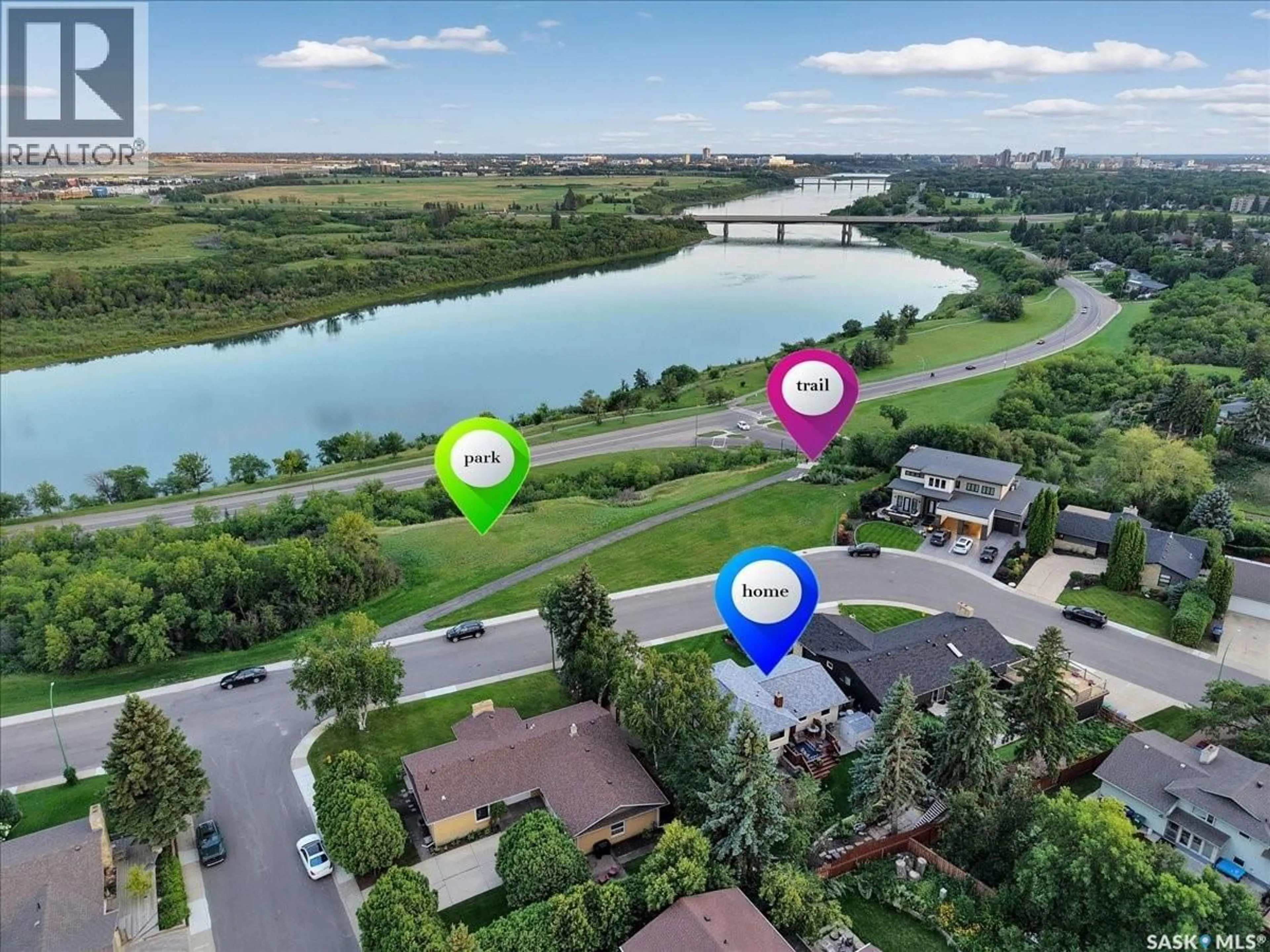 A pic from outside/outdoor area/front of a property/back of a property/a pic from drone, water/lake/river/ocean view for 30 CAPILANO DRIVE, Saskatoon Saskatchewan S7K4A5