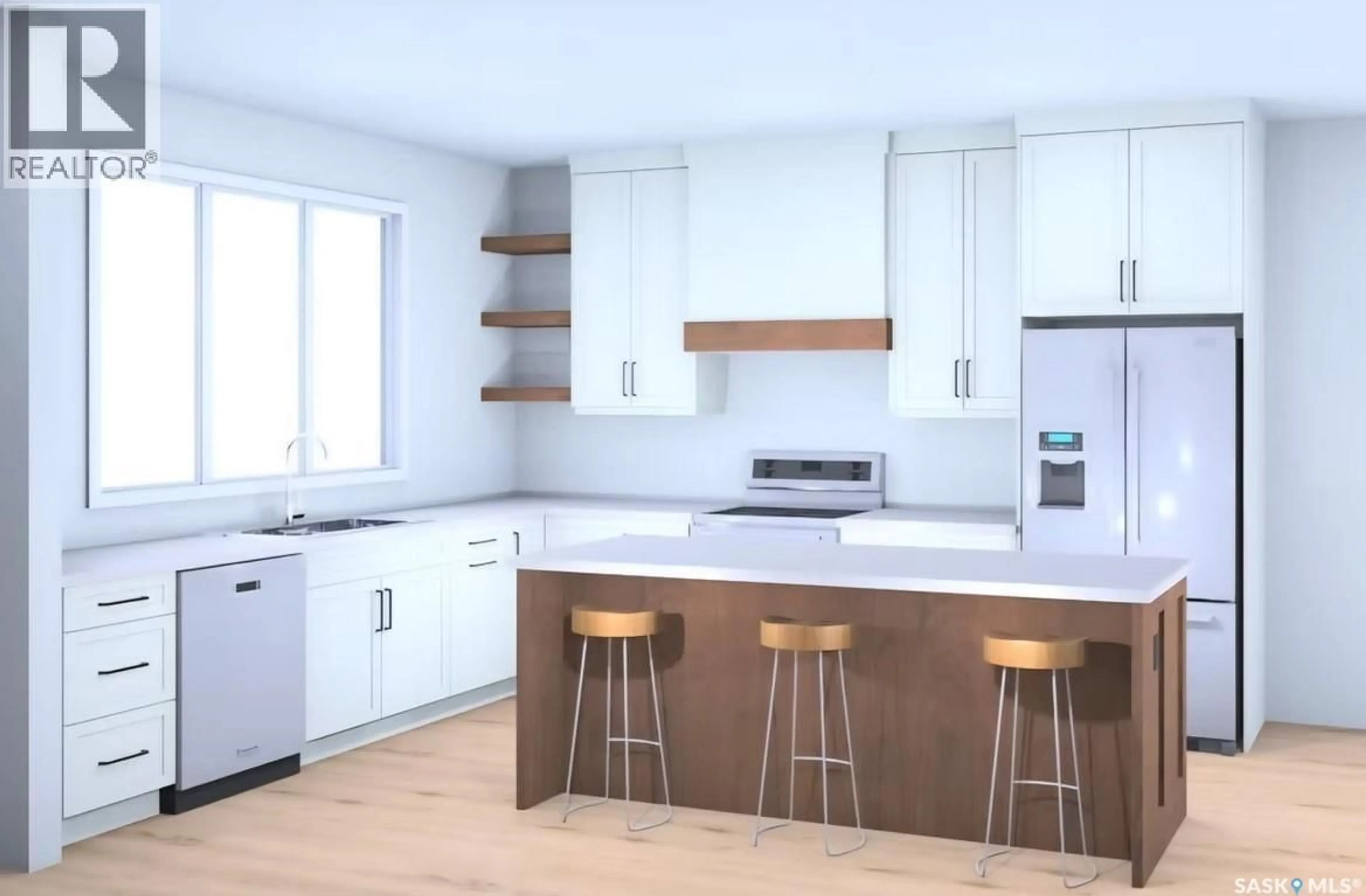 Open concept kitchen, wood/laminate floor for 1914 HERMAN AVENUE, Saskatoon Saskatchewan S7M0M8