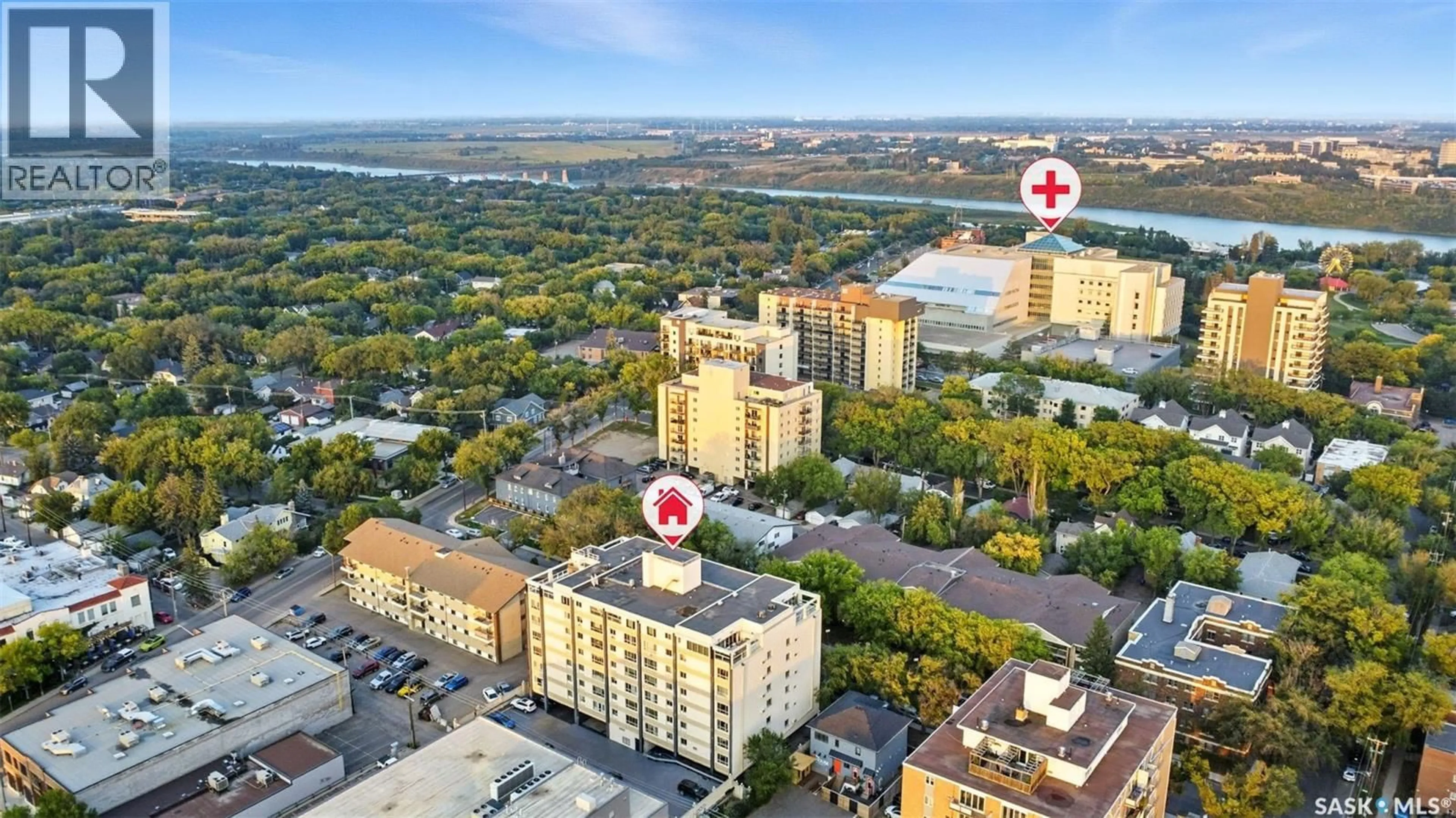 A pic from outside/outdoor area/front of a property/back of a property/a pic from drone, city buildings view from balcony for 306 - 525 3RD AVENUE, Saskatoon Saskatchewan S7K2J6