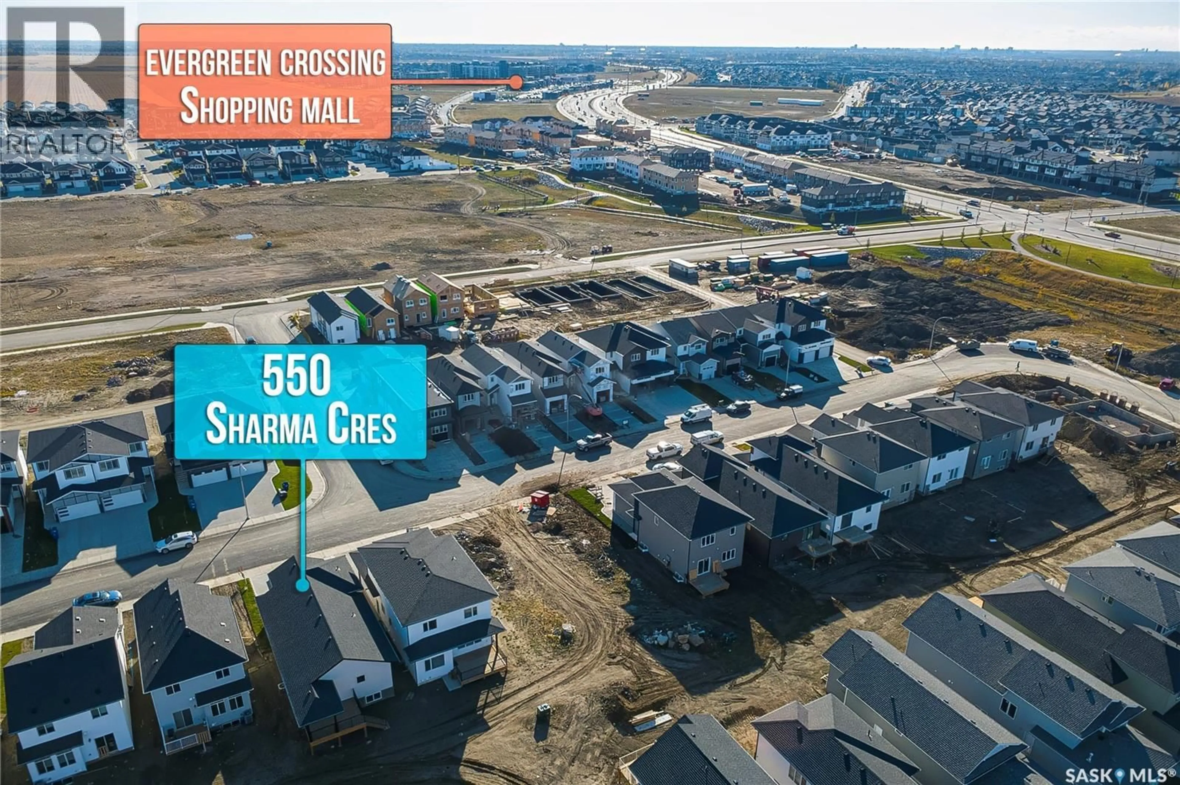 A pic from outside/outdoor area/front of a property/back of a property/a pic from drone, street for 550 SHARMA CRESCENT, Saskatoon Saskatchewan S7W1K9