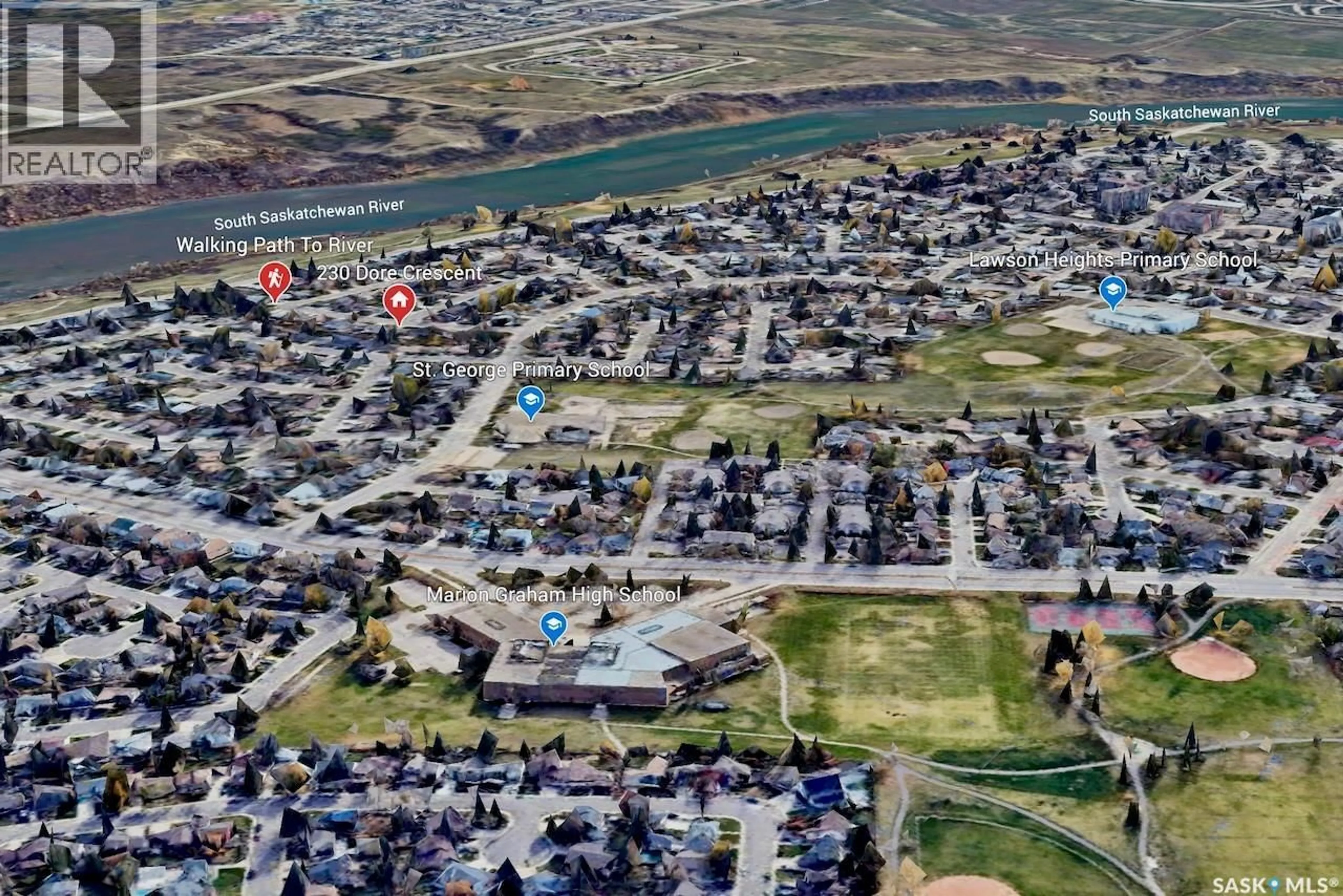 A pic from outside/outdoor area/front of a property/back of a property/a pic from drone, street for 230 DORE CRESCENT, Saskatoon Saskatchewan S7K4X9