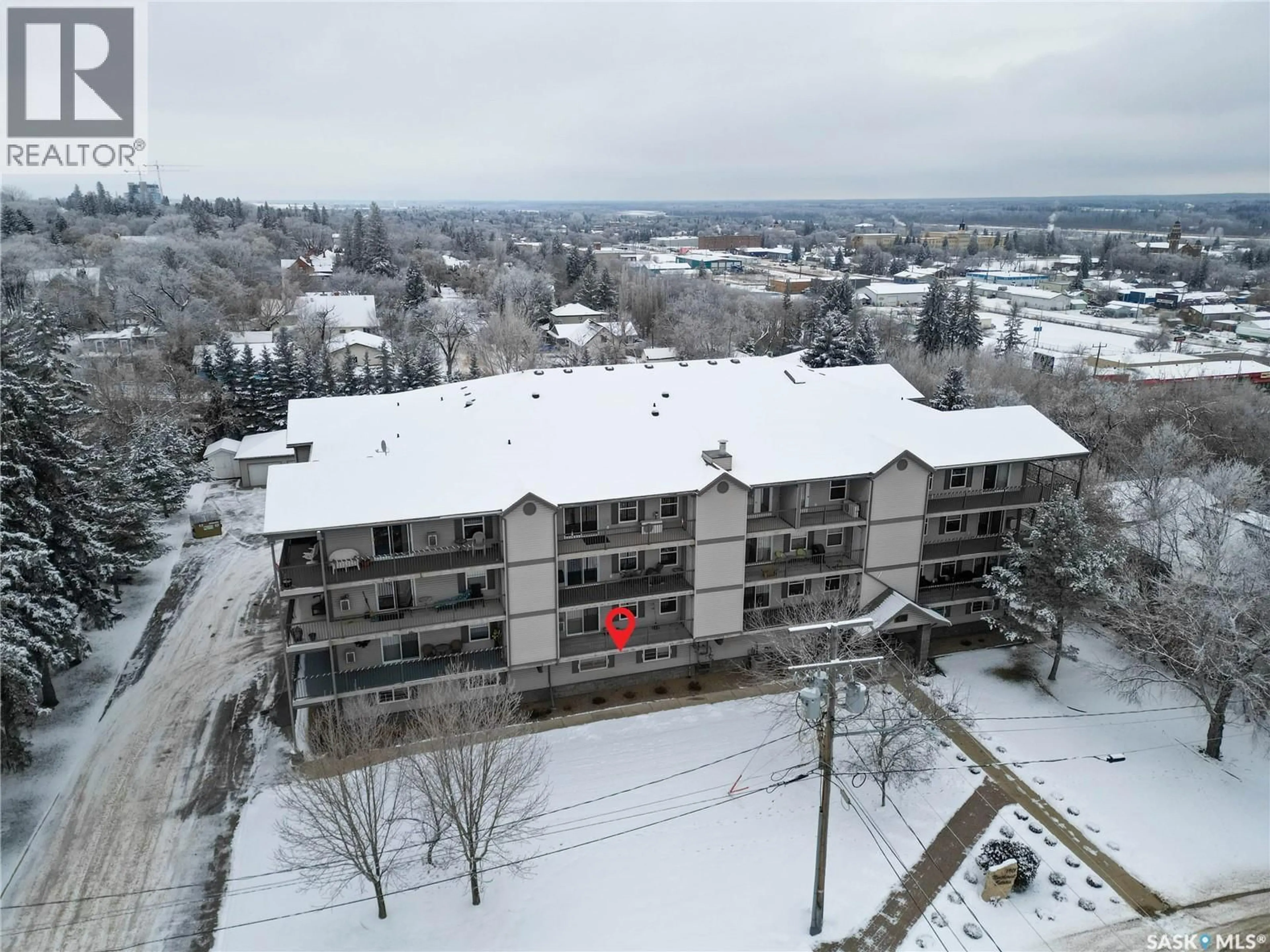 A pic from outside/outdoor area/front of a property/back of a property/a pic from drone, city buildings view from balcony for 202 - 1901 1 1/2 AVENUE W, Prince Albert Saskatchewan S6V5A8