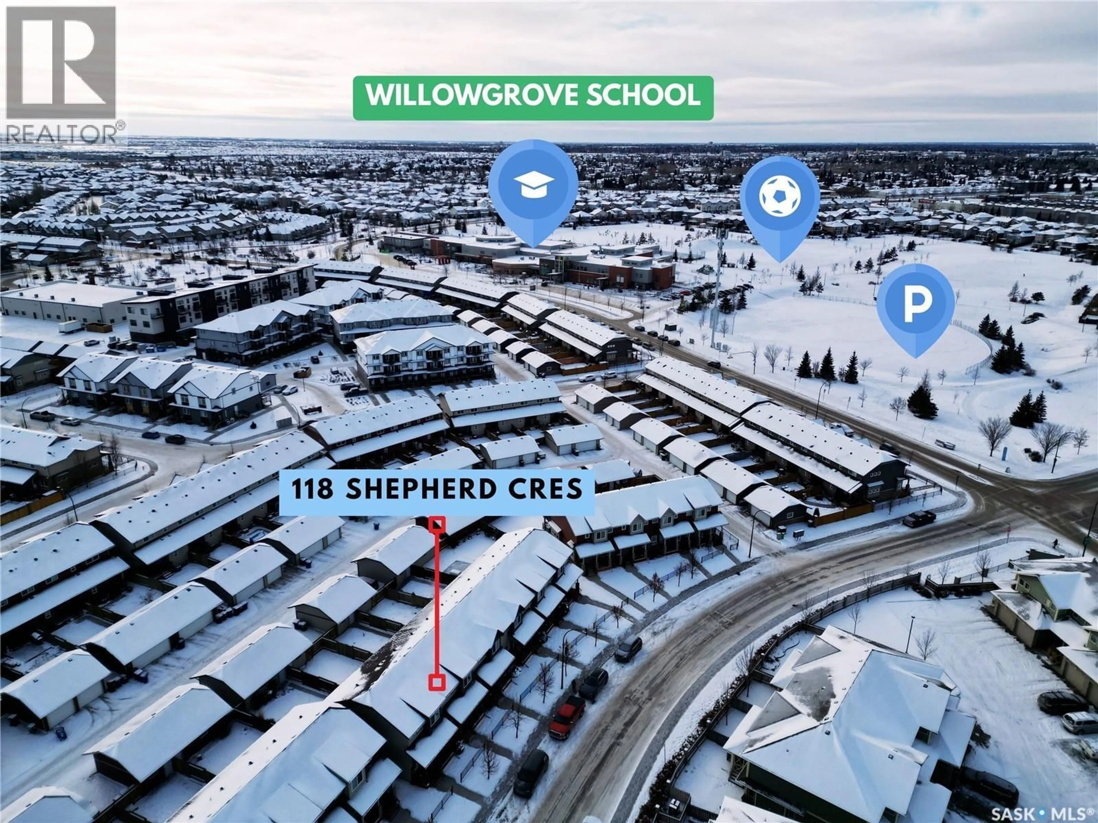 A pic from outside/outdoor area/front of a property/back of a property/a pic from drone, street for 118 SHEPHERD CRESCENT, Saskatoon Saskatchewan S7W0H7