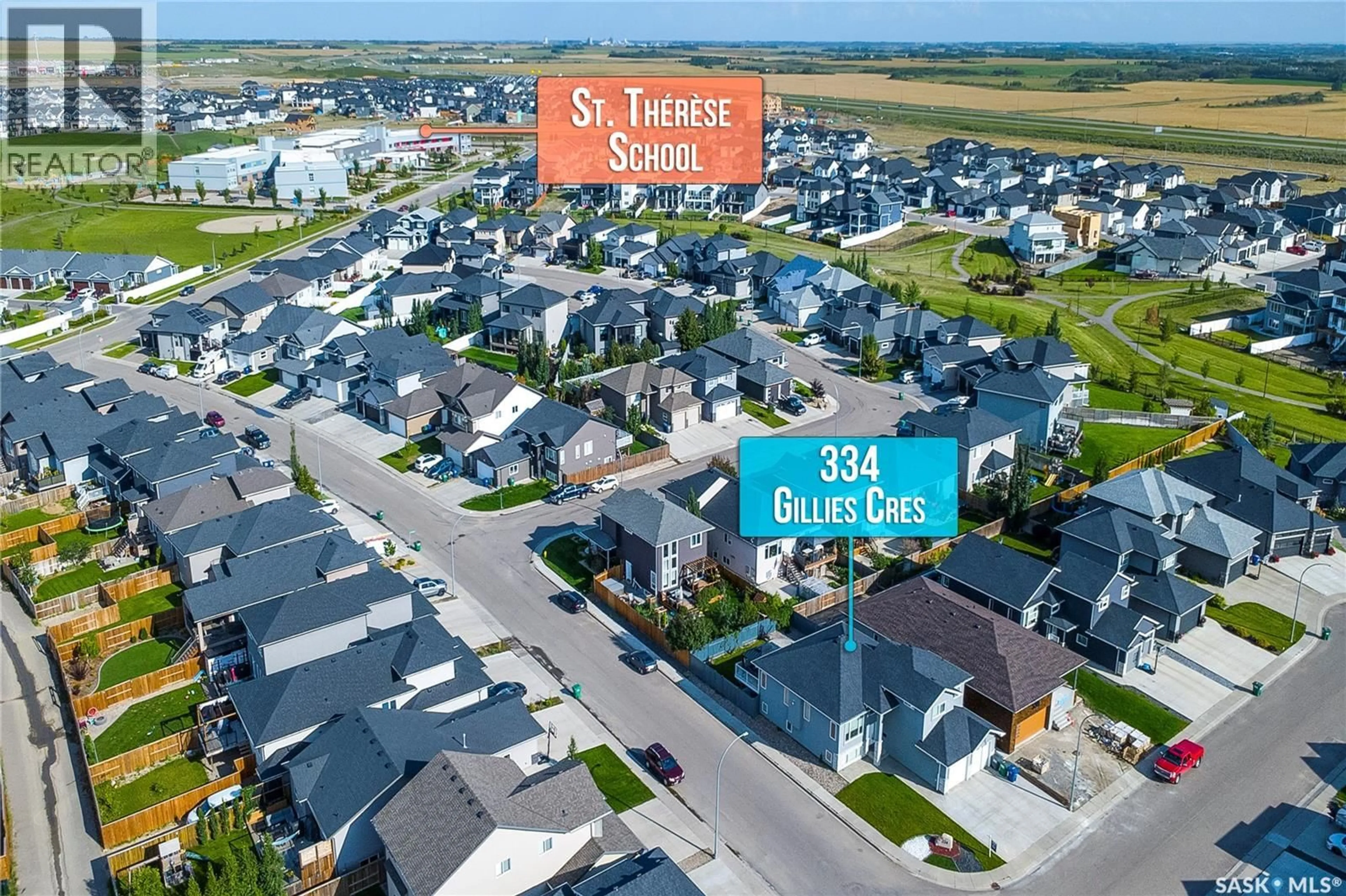 A pic from outside/outdoor area/front of a property/back of a property/a pic from drone, street for 334 GILLIES CRESCENT, Saskatoon Saskatchewan S7V0J9