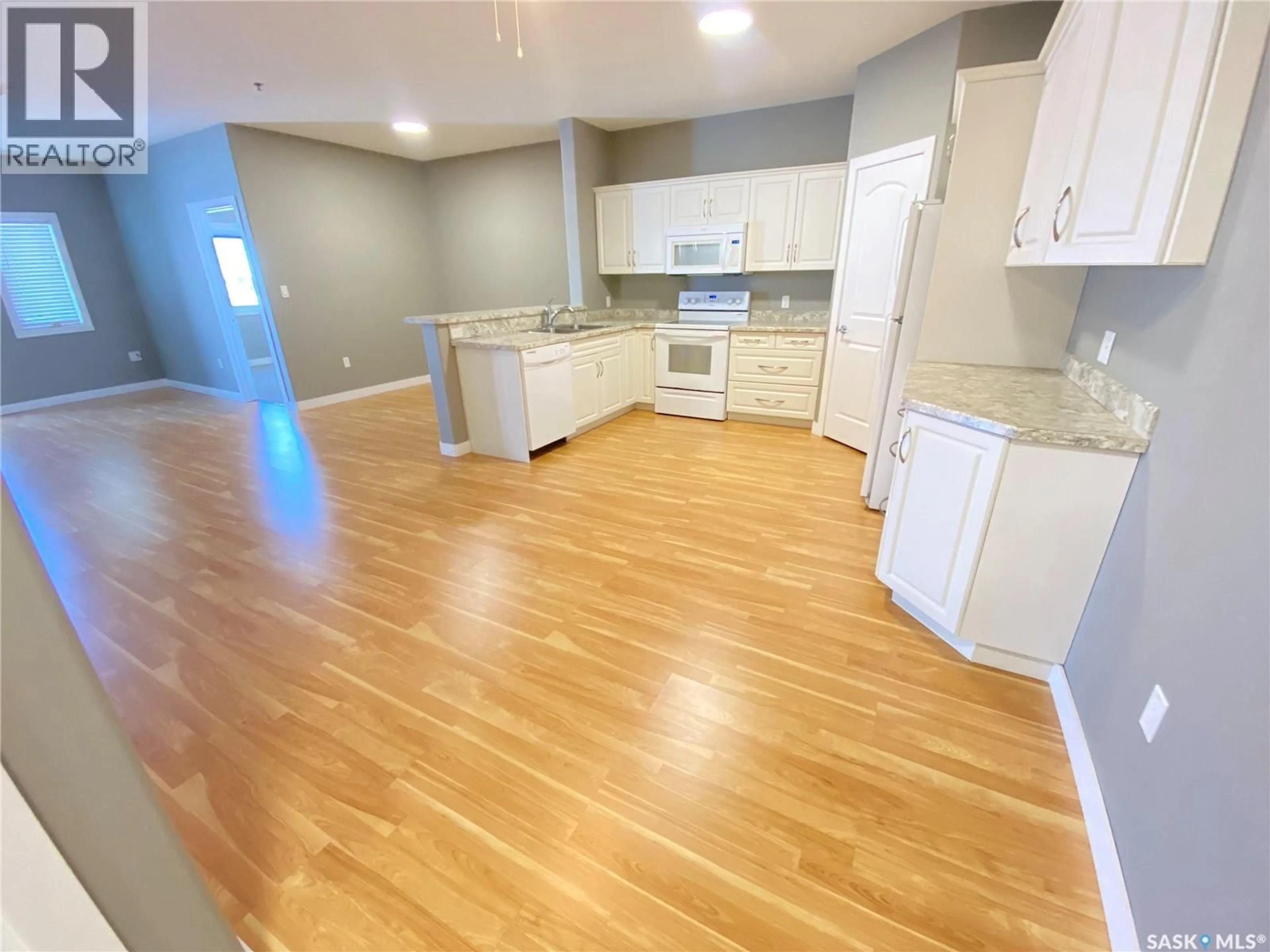 Open concept kitchen, wood/laminate floor for 123 - 303 BALMORAL STREET, Yorkton Saskatchewan S3N4J2