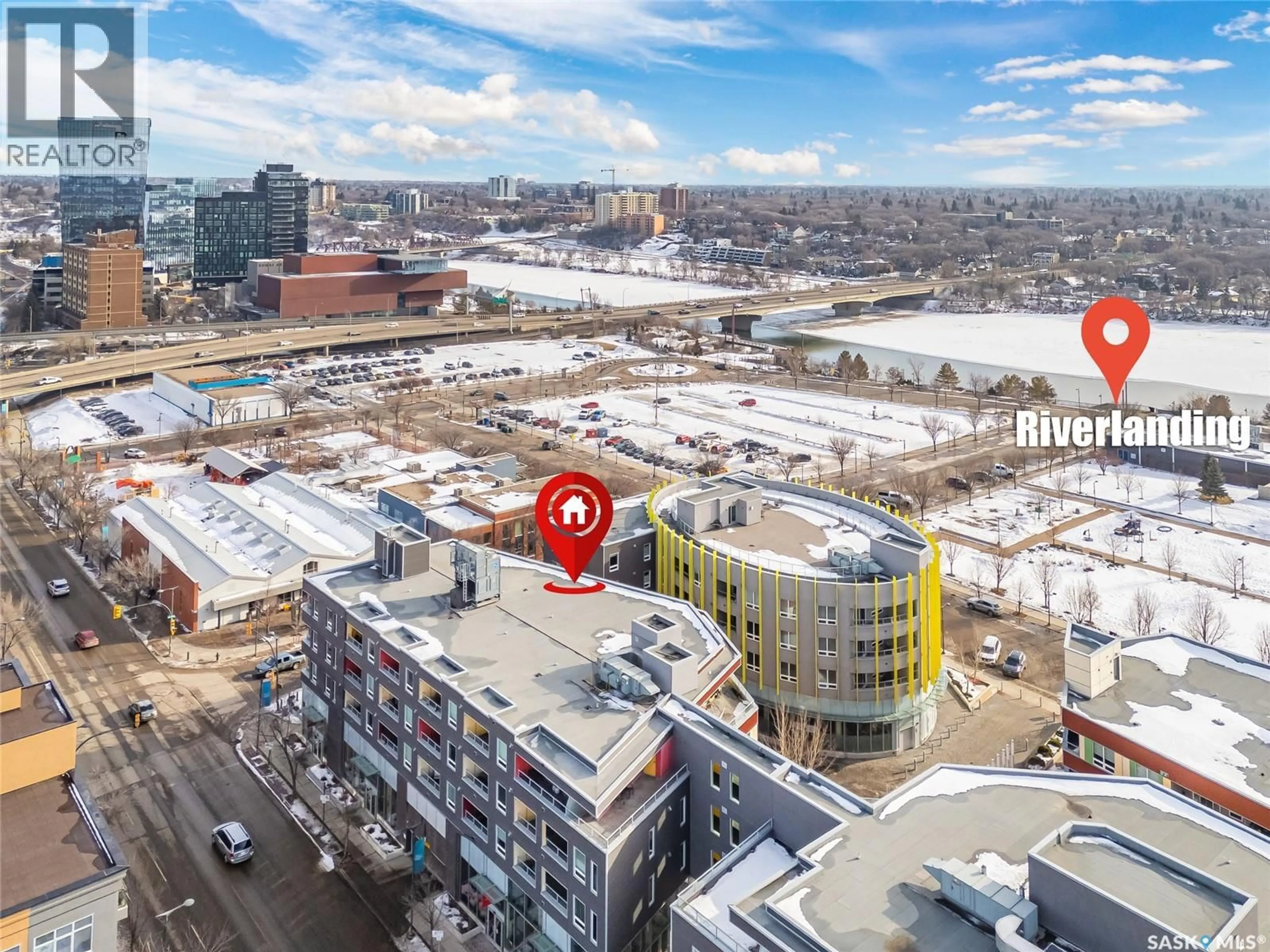 A pic from outside/outdoor area/front of a property/back of a property/a pic from drone, city buildings view from balcony for S - 325 404 C AVENUE, Saskatoon Saskatchewan S7M5B9