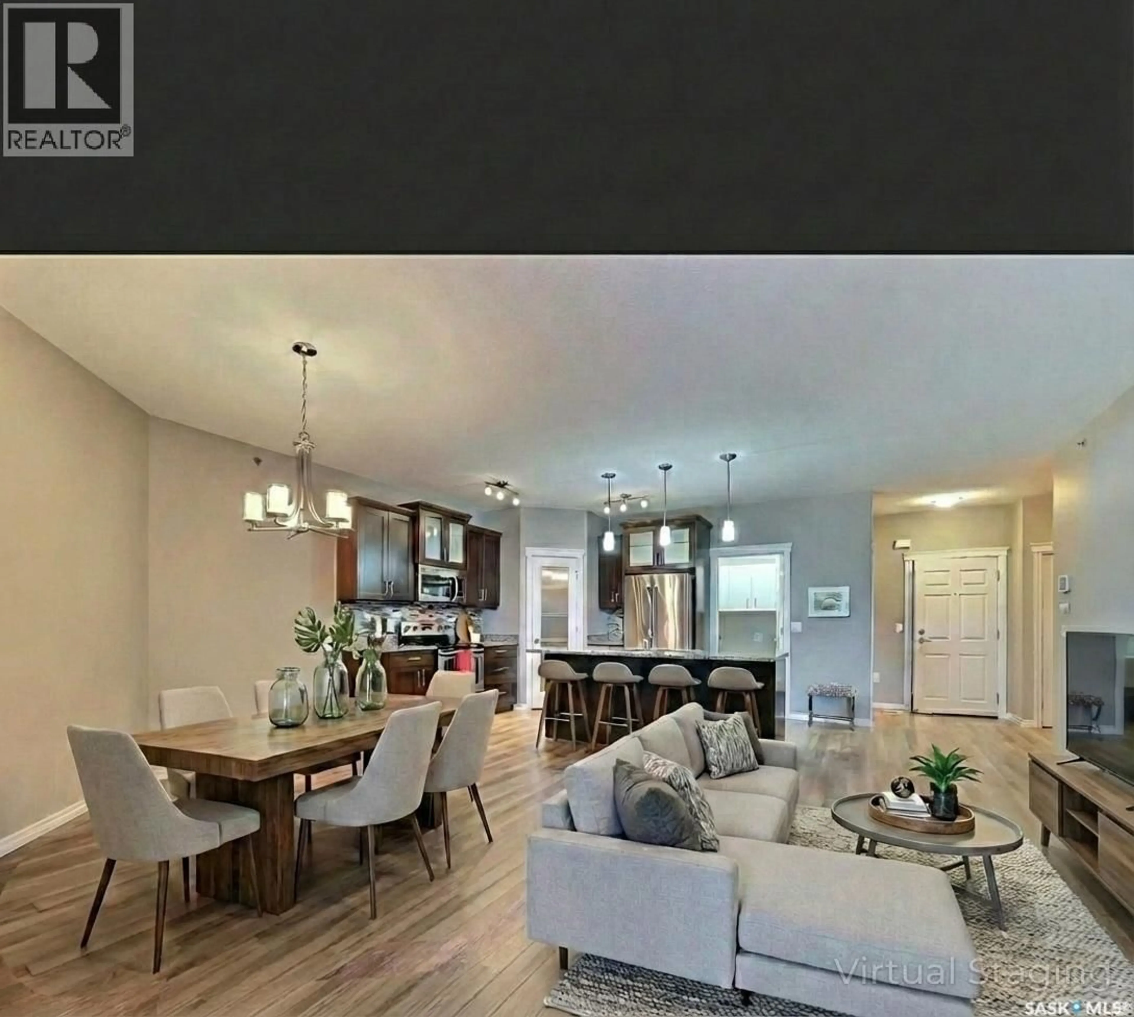 Open concept kitchen, wood/laminate floor for 4721 - 201 MCTAVISH STREET, Regina Saskatchewan S4S6H2