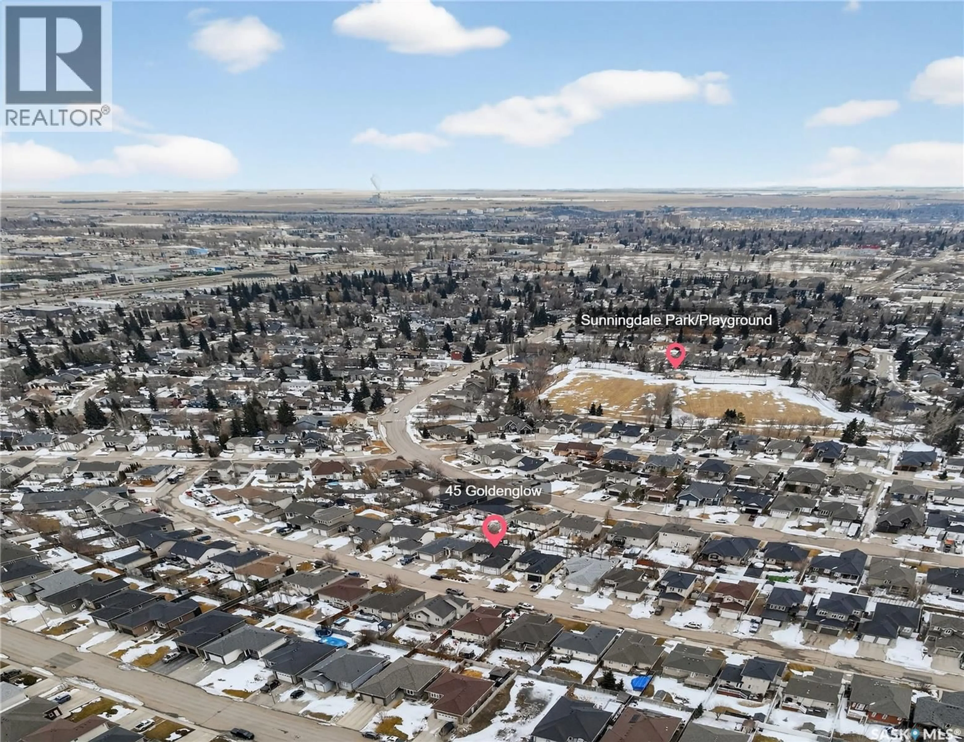 A pic from outside/outdoor area/front of a property/back of a property/a pic from drone, street for 45 GOLDENGLOW DRIVE, Moose Jaw Saskatchewan S6J1N7