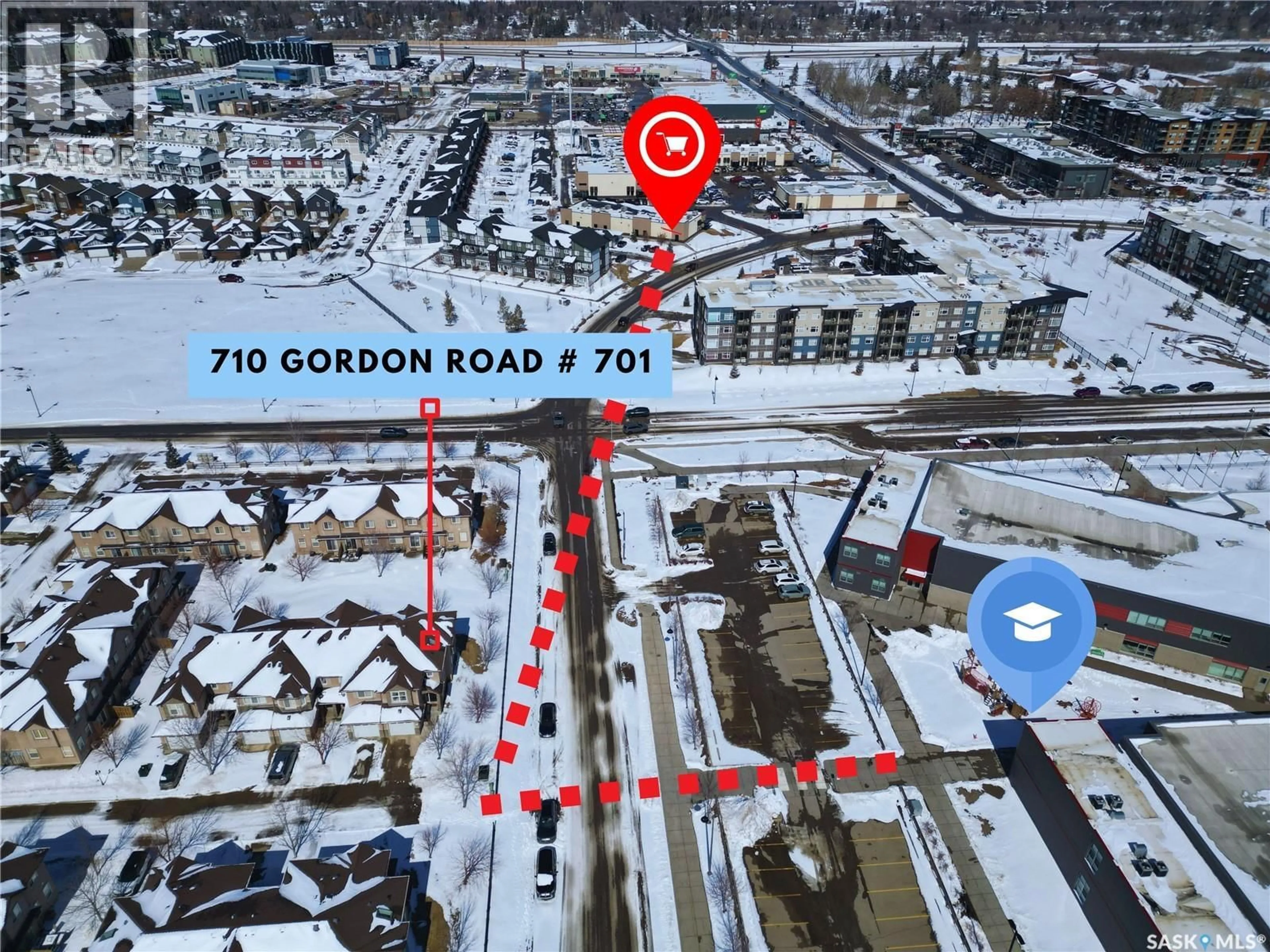 A pic from outside/outdoor area/front of a property/back of a property/a pic from drone, street for 701 710 GORDON ROAD, Saskatoon Saskatchewan S7T0J6