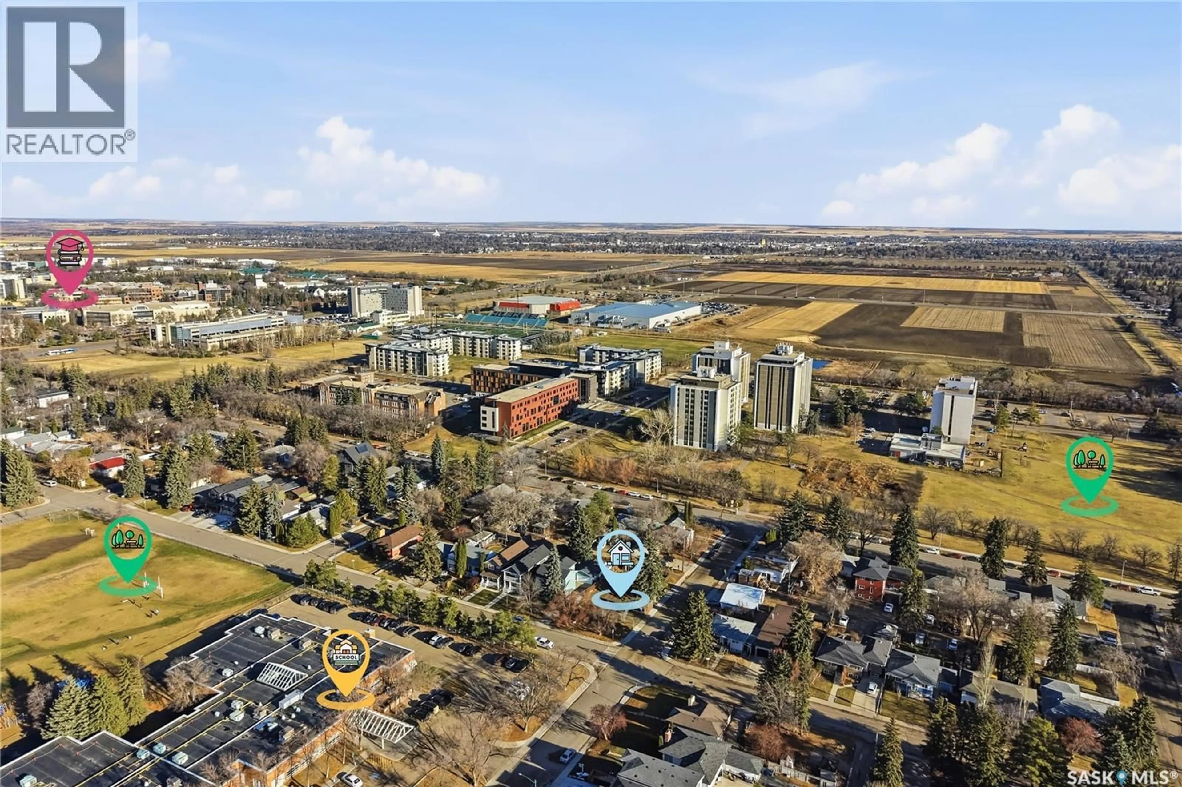 A pic from outside/outdoor area/front of a property/back of a property/a pic from drone, city buildings view from balcony for 1401 COLONY STREET, Saskatoon Saskatchewan S7N0S8
