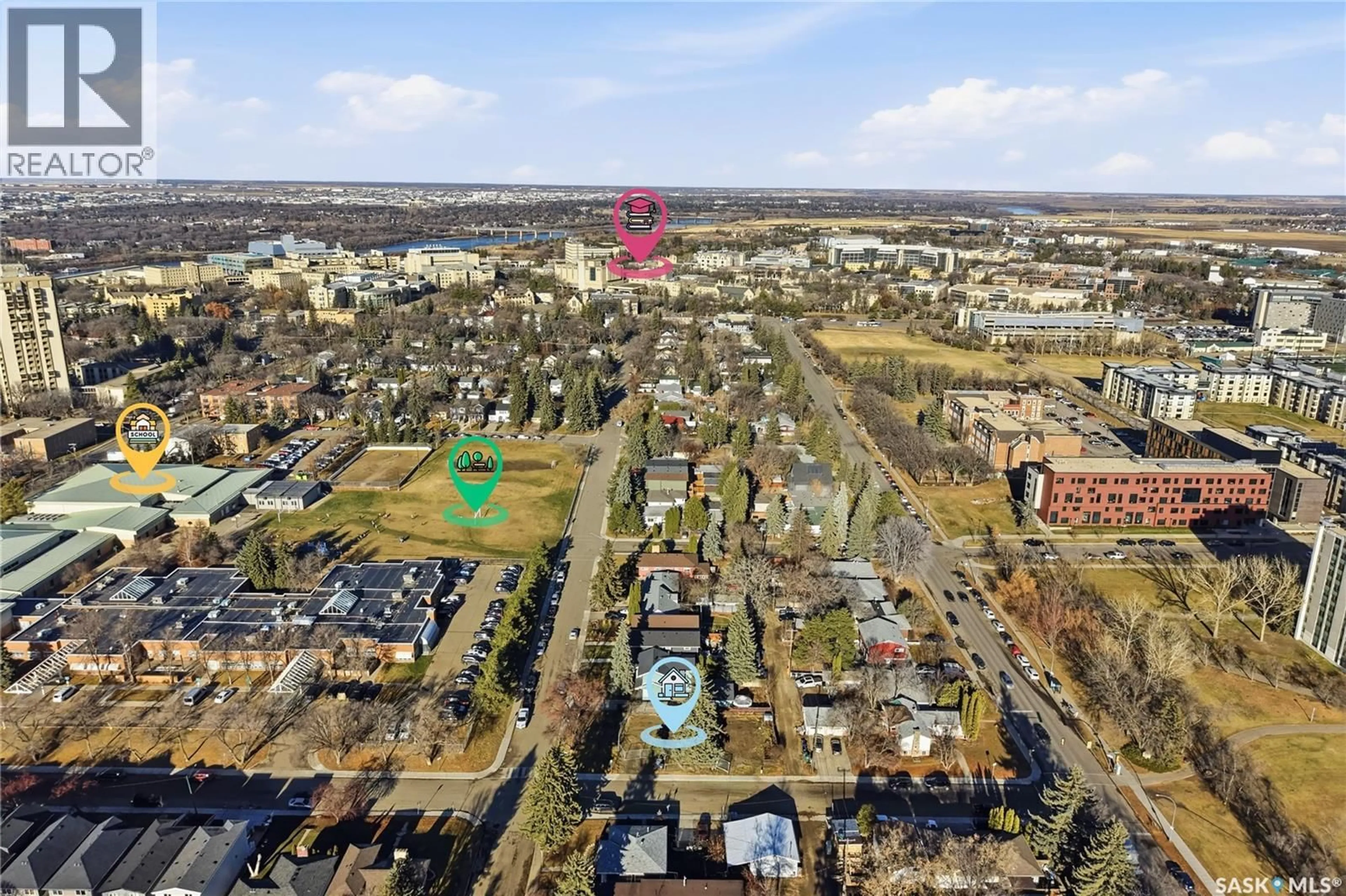 A pic from outside/outdoor area/front of a property/back of a property/a pic from drone, street for 1401 COLONY STREET, Saskatoon Saskatchewan S7N0S8