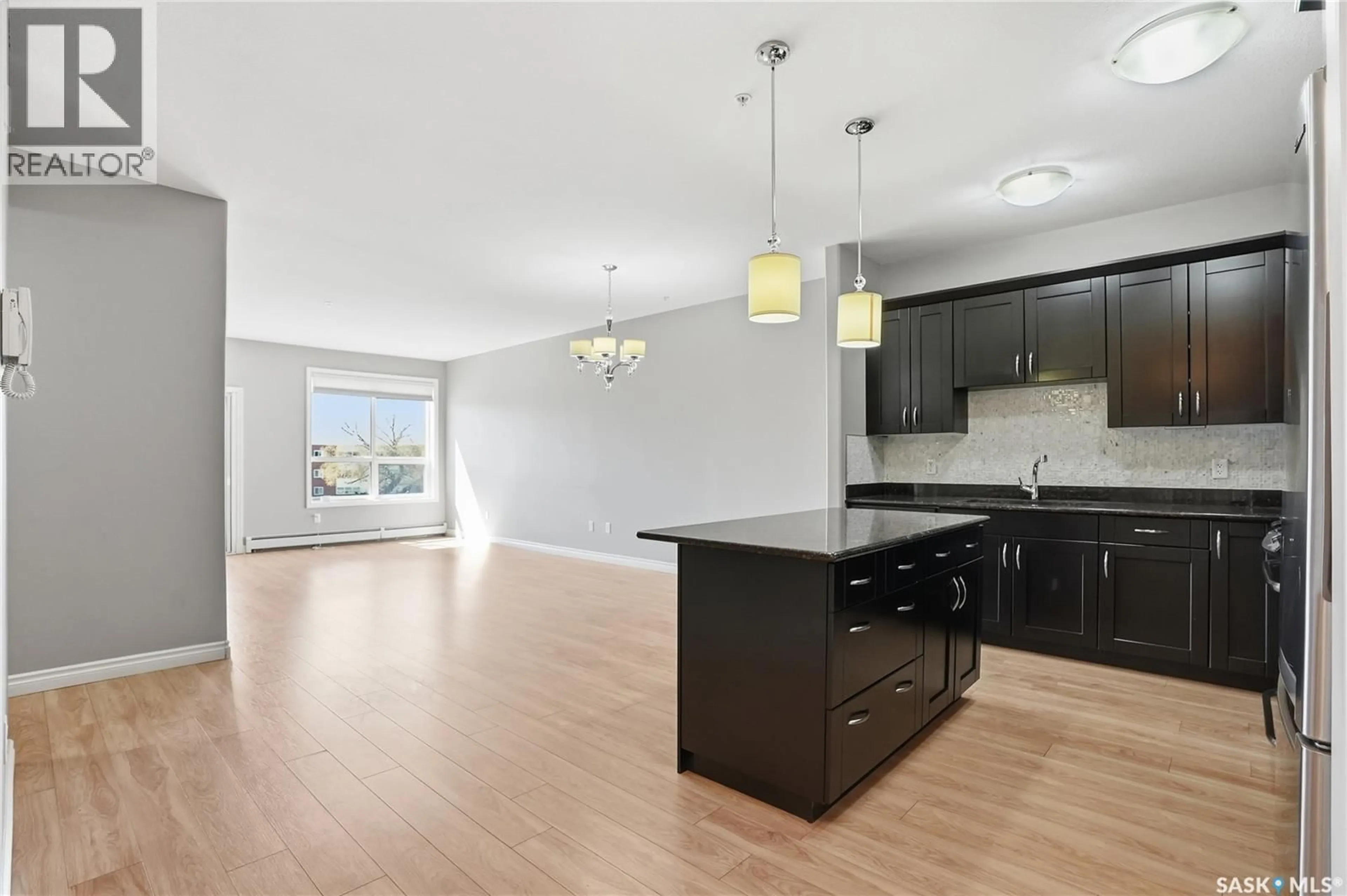 Open concept kitchen, wood/laminate floor for 209 - 2730 MAIN STREET, Saskatoon Saskatchewan S7H0M2