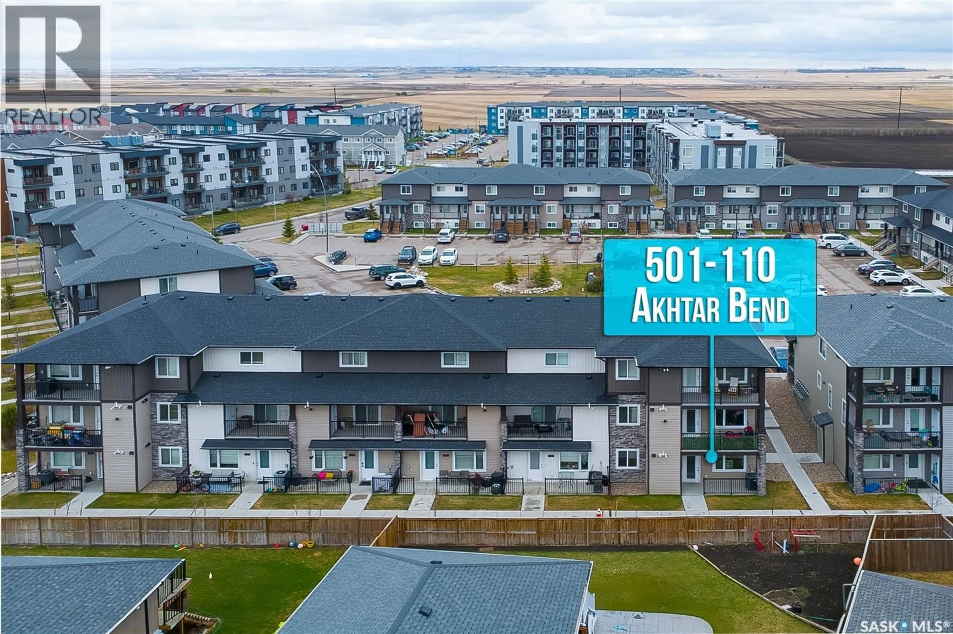 A pic from outside/outdoor area/front of a property/back of a property/a pic from drone, city buildings view from balcony for 501 110 AKHTAR BEND, Saskatoon Saskatchewan S7W0Y9