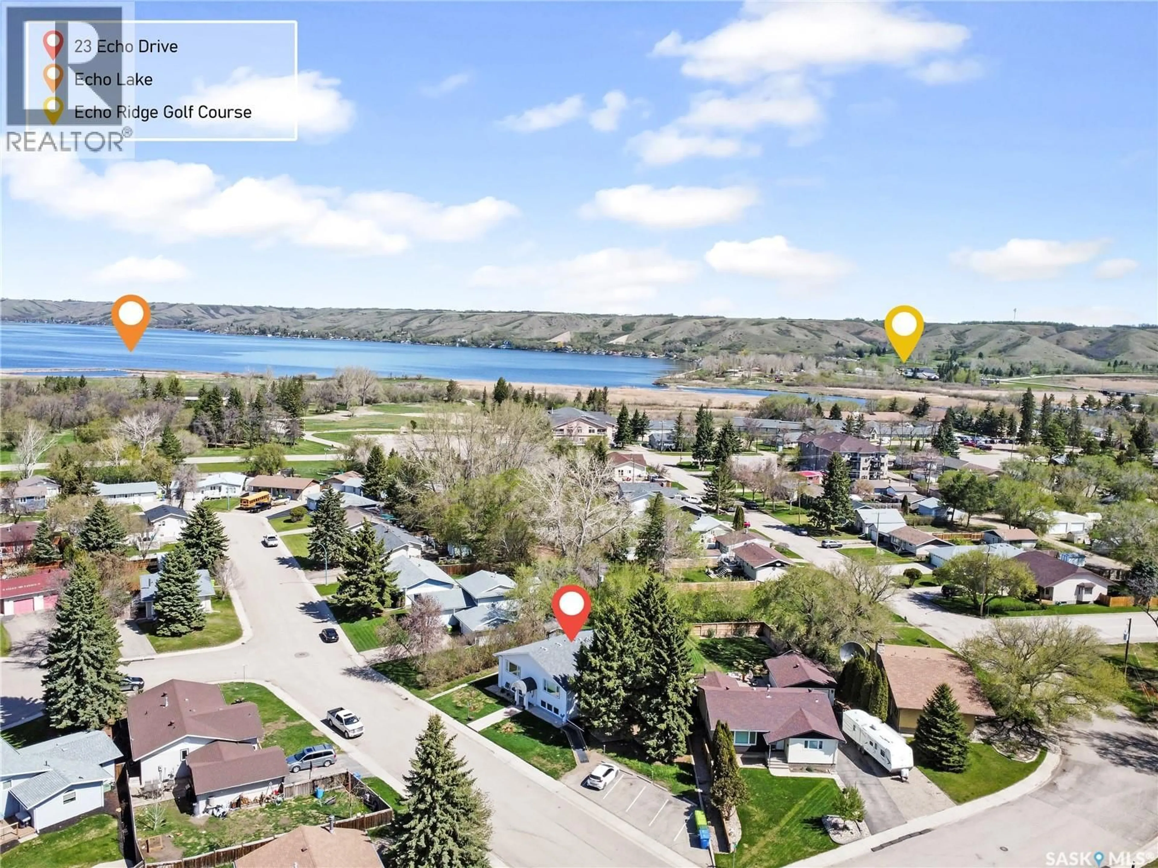 A pic from outside/outdoor area/front of a property/back of a property/a pic from drone, water/lake/river/ocean view for 2 23 ECHO DRIVE, Fort Qu'Appelle Saskatchewan S0G1S0