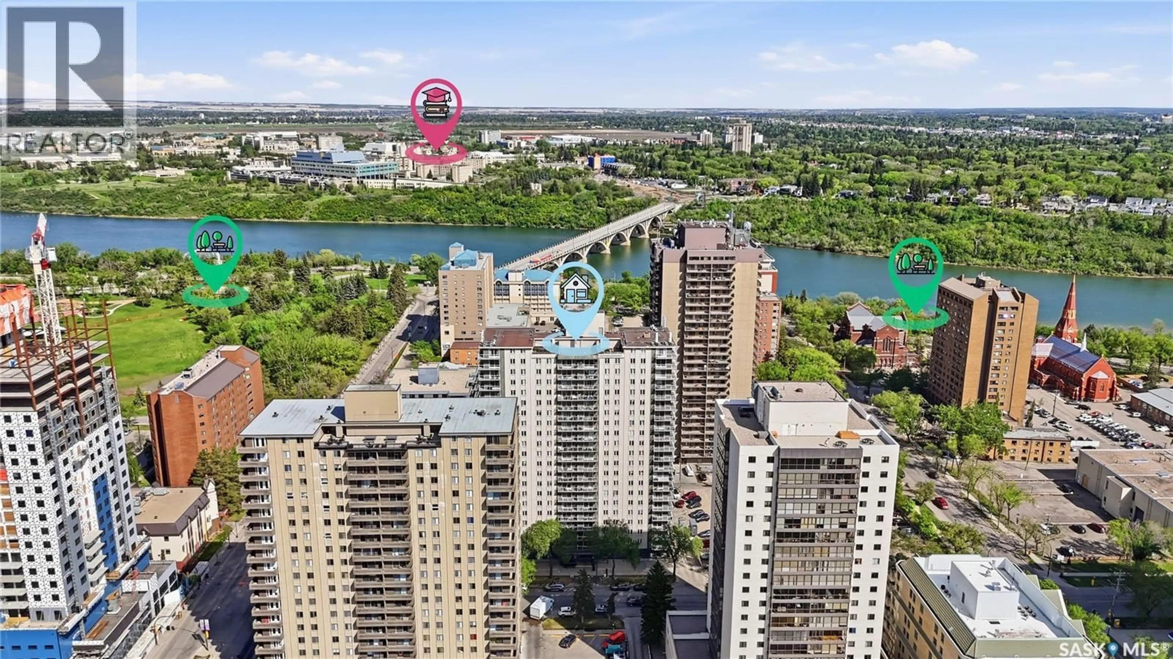 A pic from outside/outdoor area/front of a property/back of a property/a pic from drone, city buildings view from balcony for 320 - 1604 5TH AVENUE, Saskatoon Saskatchewan S7K2P5