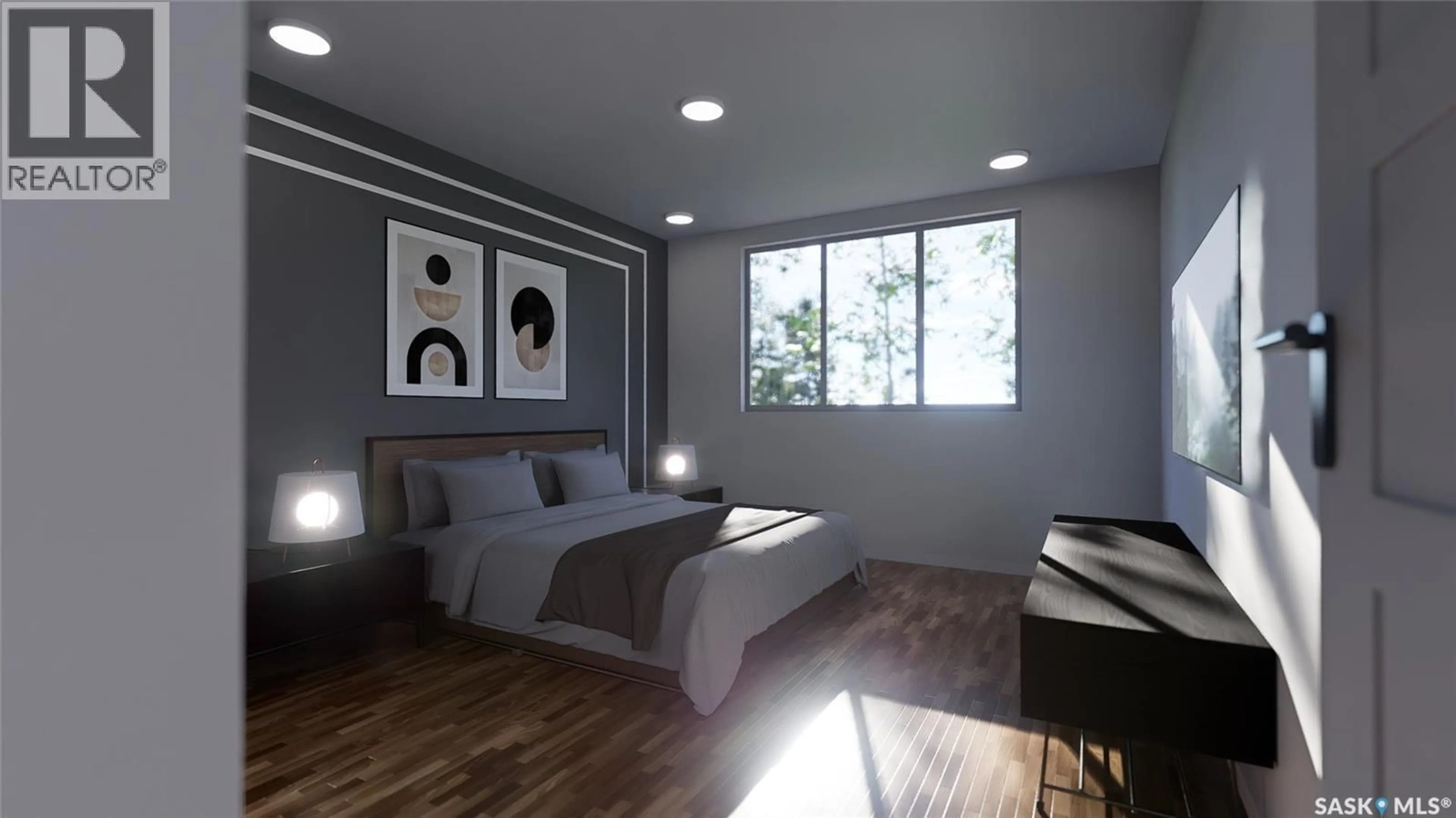 Bedroom with bed, wood/laminate floor for 1259 NIGHTINGALE TERRACE, Saskatoon Saskatchewan S7L0L3