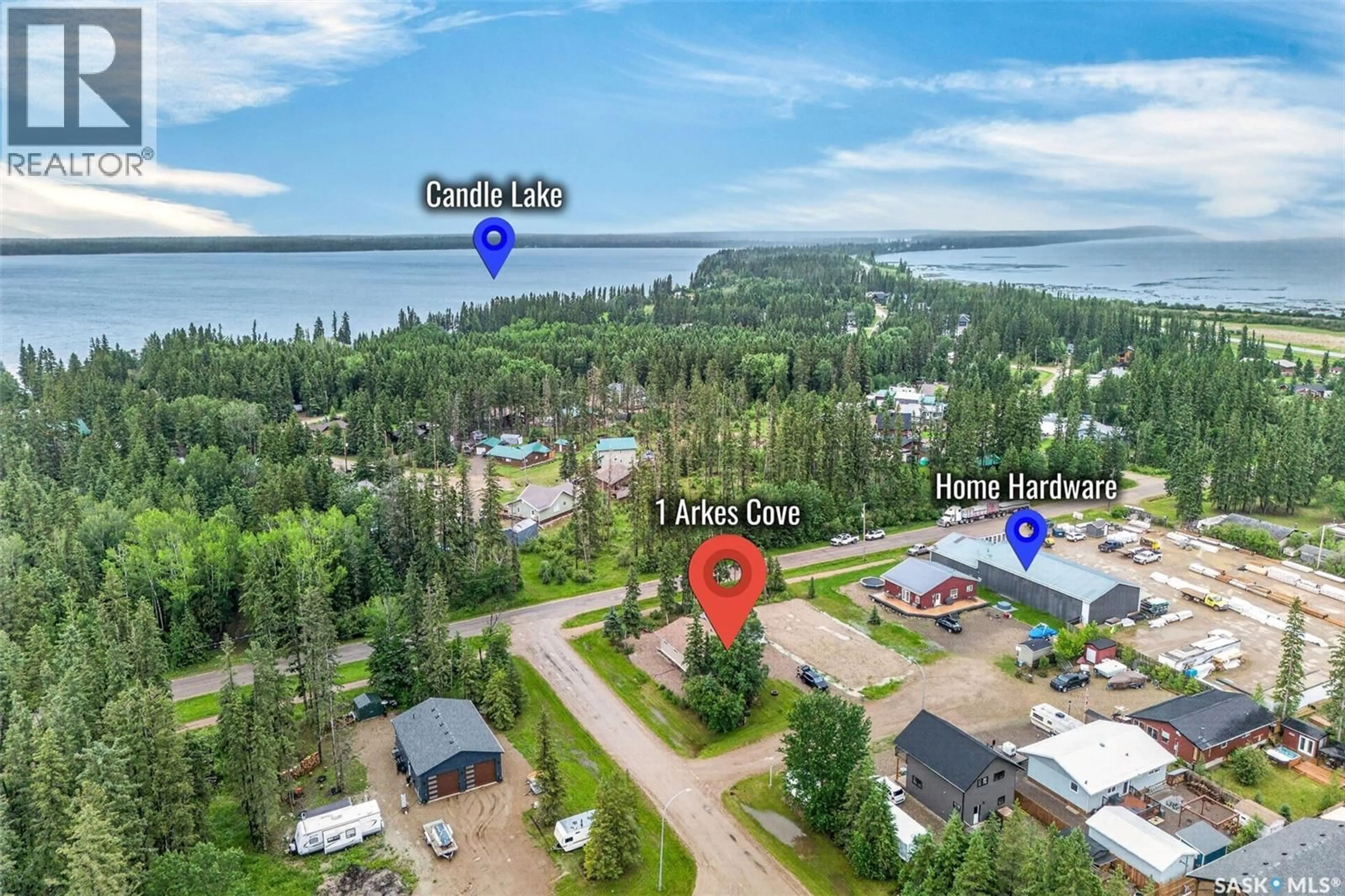 A pic from outside/outdoor area/front of a property/back of a property/a pic from drone, water/lake/river/ocean view for 1 ARKES COVE, Candle Lake Saskatchewan S0J3E0