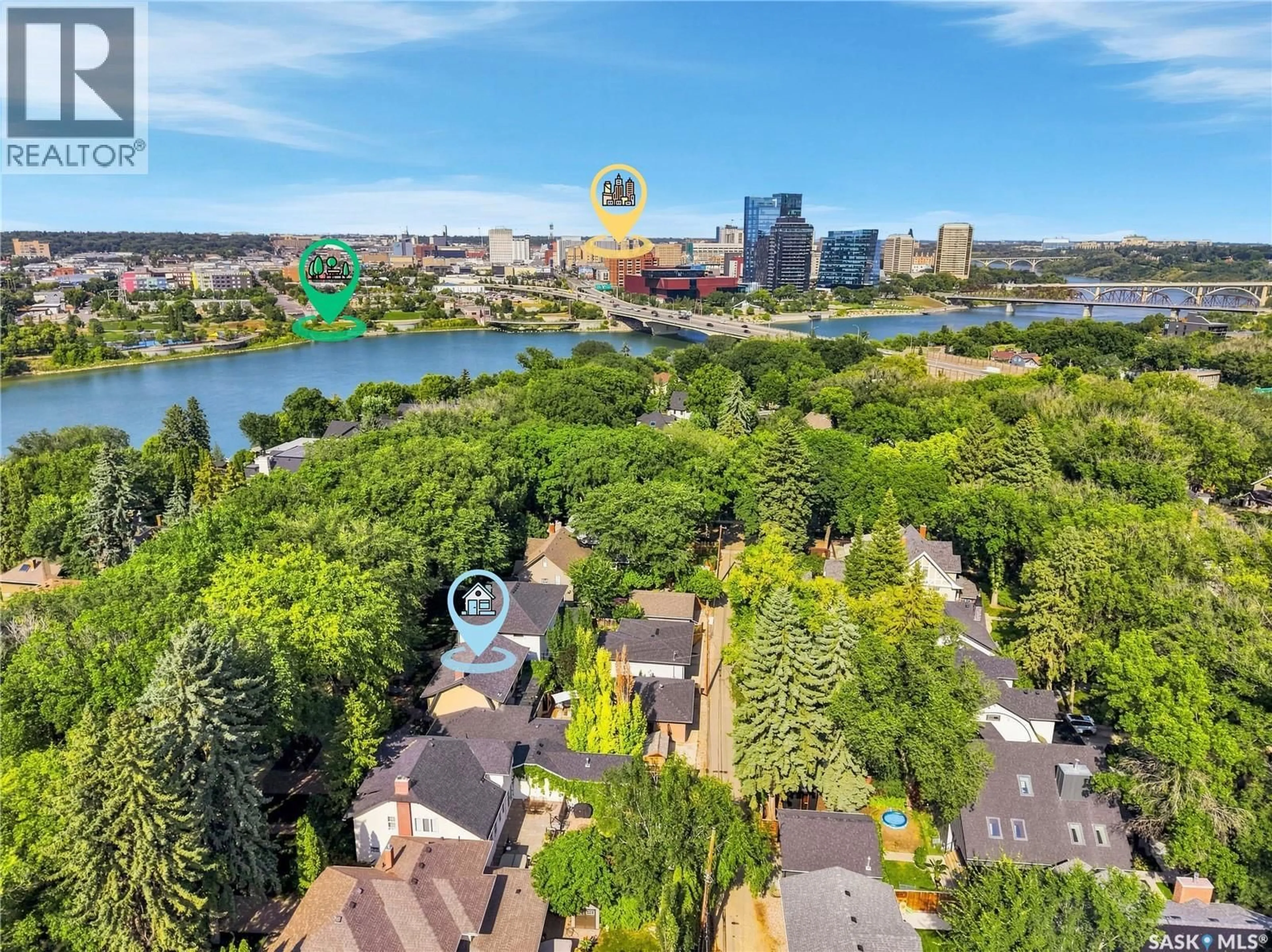 A pic from outside/outdoor area/front of a property/back of a property/a pic from drone, water/lake/river/ocean view for 208 SASKATCHEWAN CRESCENT, Saskatoon Saskatchewan S7M0A5