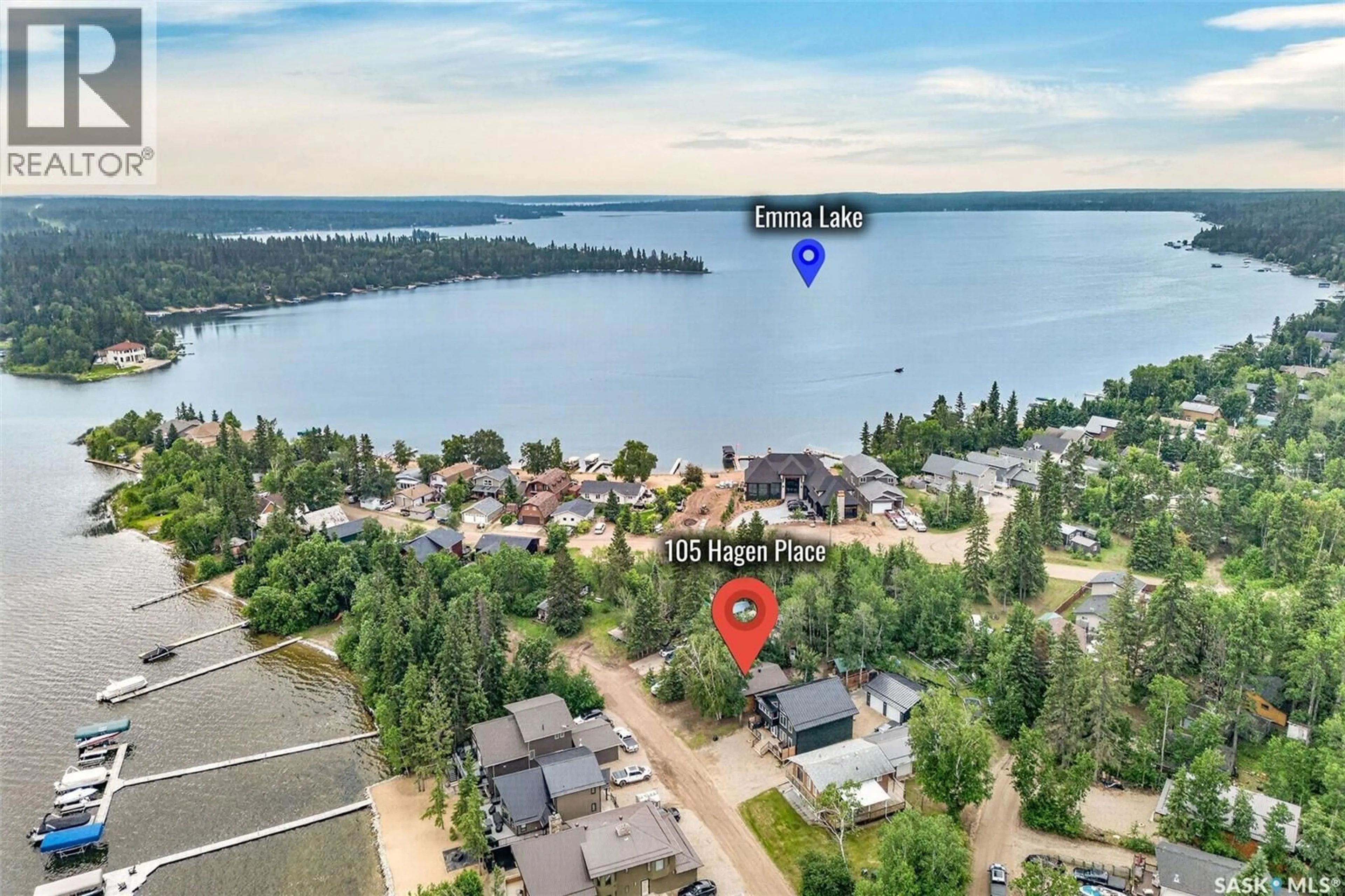 A pic from outside/outdoor area/front of a property/back of a property/a pic from drone, water/lake/river/ocean view for 105 HAGEN PLACE, Emma Lake Saskatchewan S0J0N0