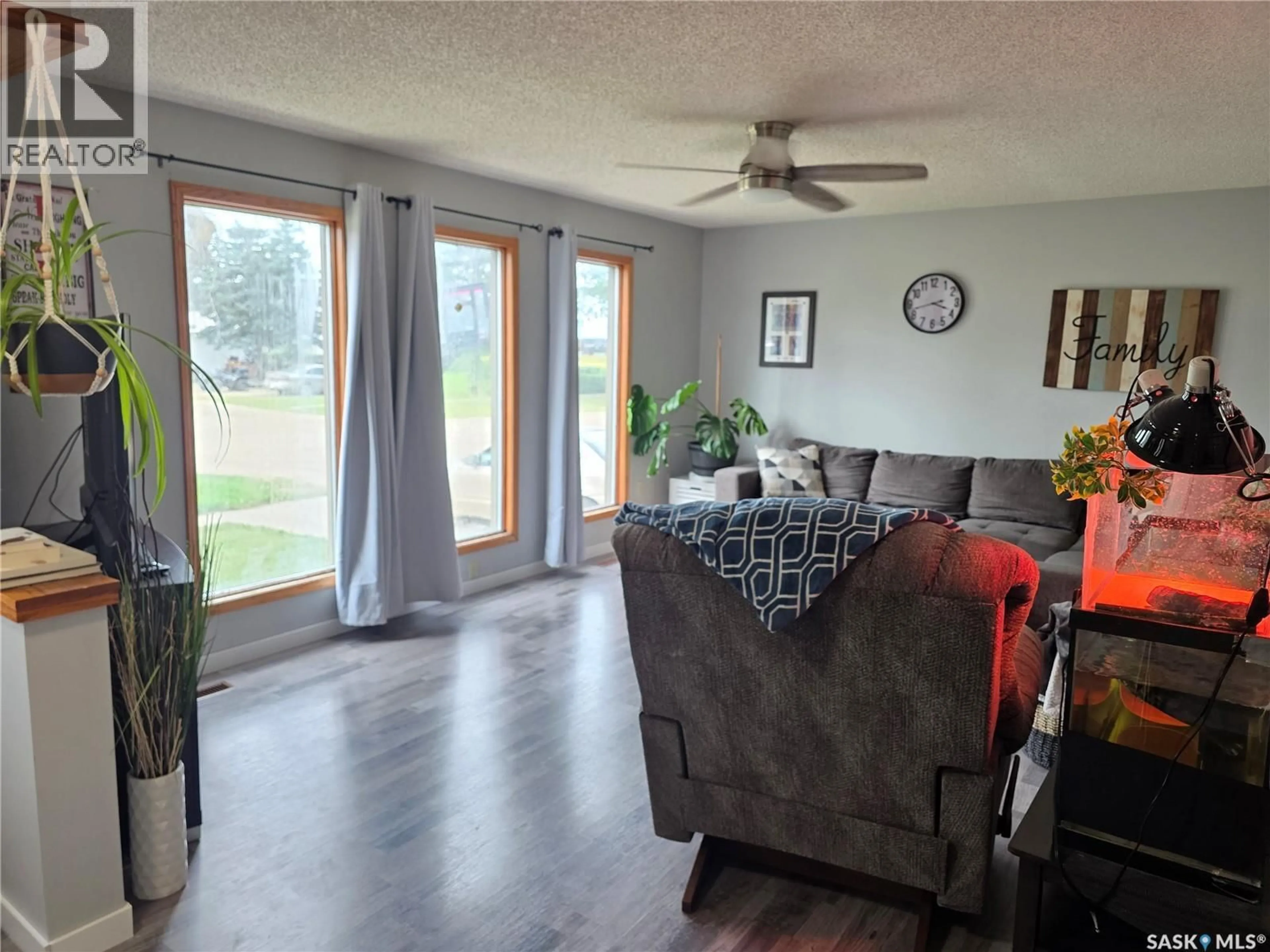 Living room with furniture, wood/laminate floor for 103 BOUNTY STREET, Conquest Saskatchewan S0L0L0