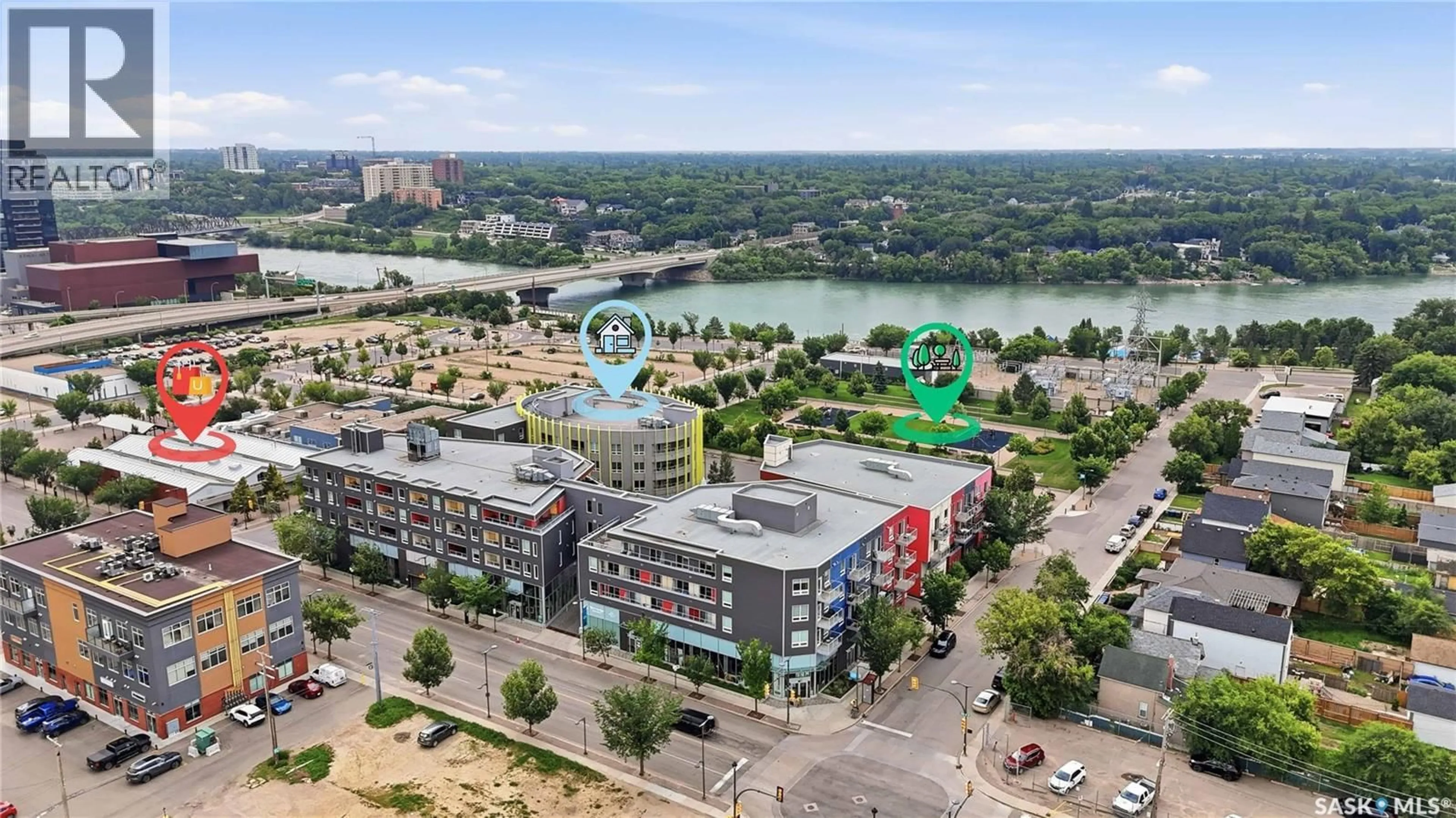 A pic from outside/outdoor area/front of a property/back of a property/a pic from drone, water/lake/river/ocean view for S - 211 409 B AVENUE, Saskatoon Saskatchewan S7M5M8
