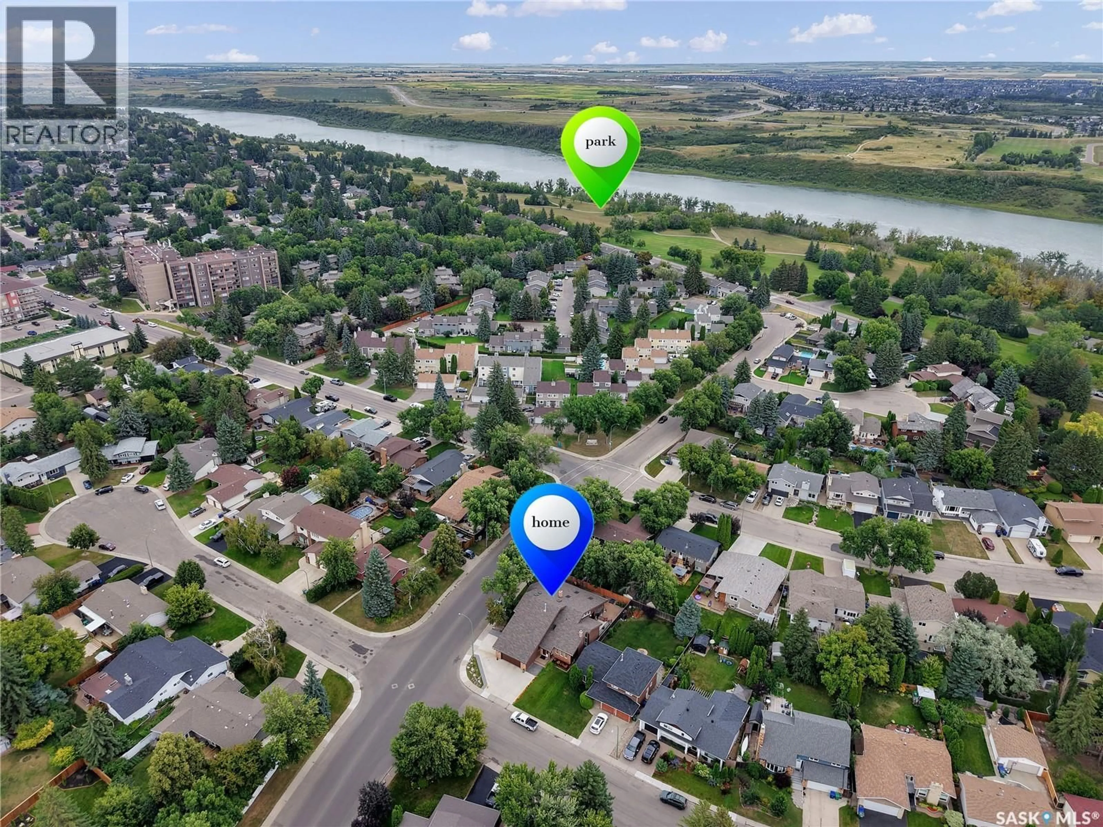 A pic from outside/outdoor area/front of a property/back of a property/a pic from drone, water/lake/river/ocean view for 351 SKEENA CRESCENT, Saskatoon Saskatchewan S7K4G9