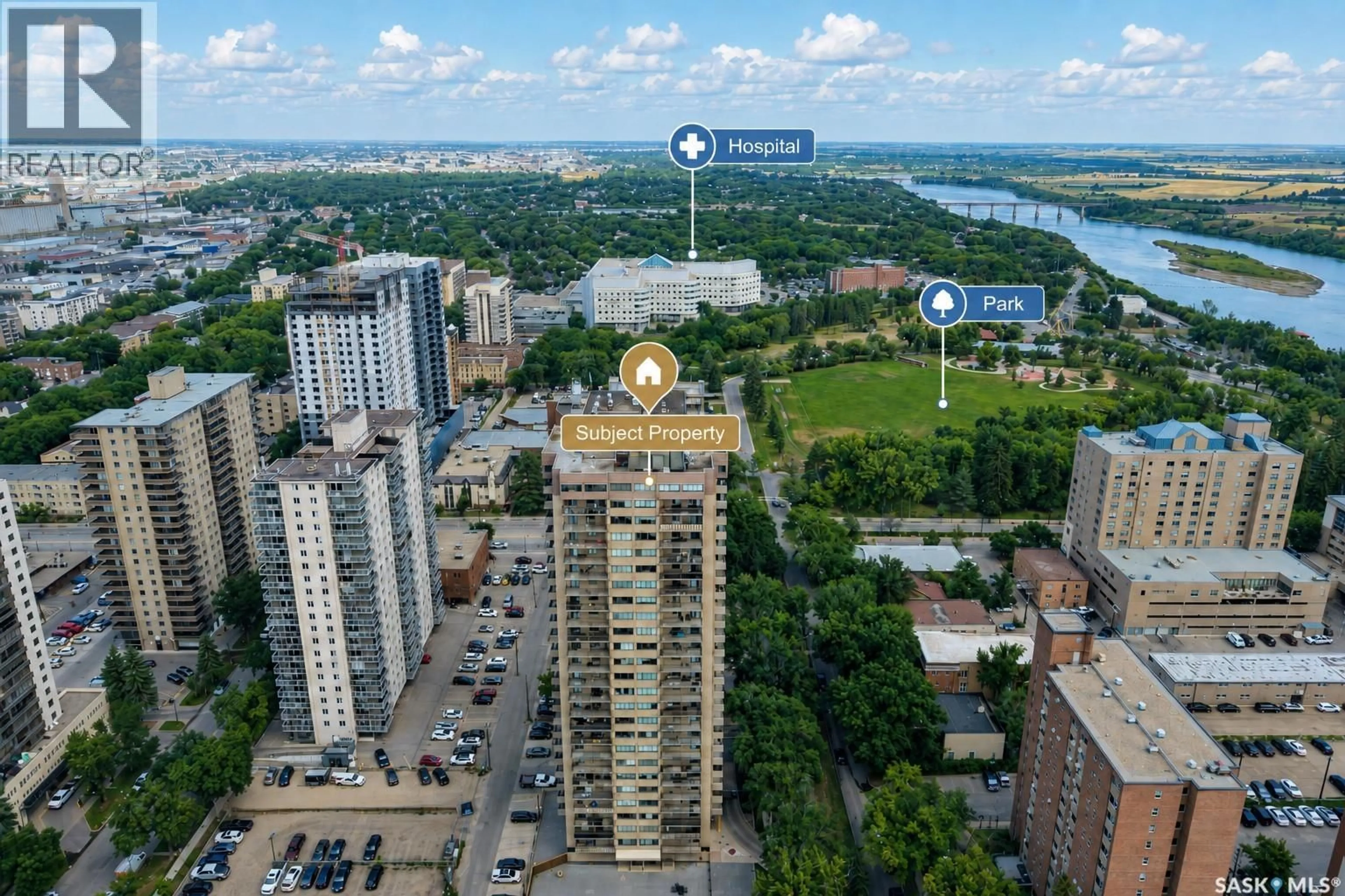 A pic from outside/outdoor area/front of a property/back of a property/a pic from drone, city buildings view from balcony for 2402 311 6TH AVENUE, Saskatoon Saskatchewan S7K7A9