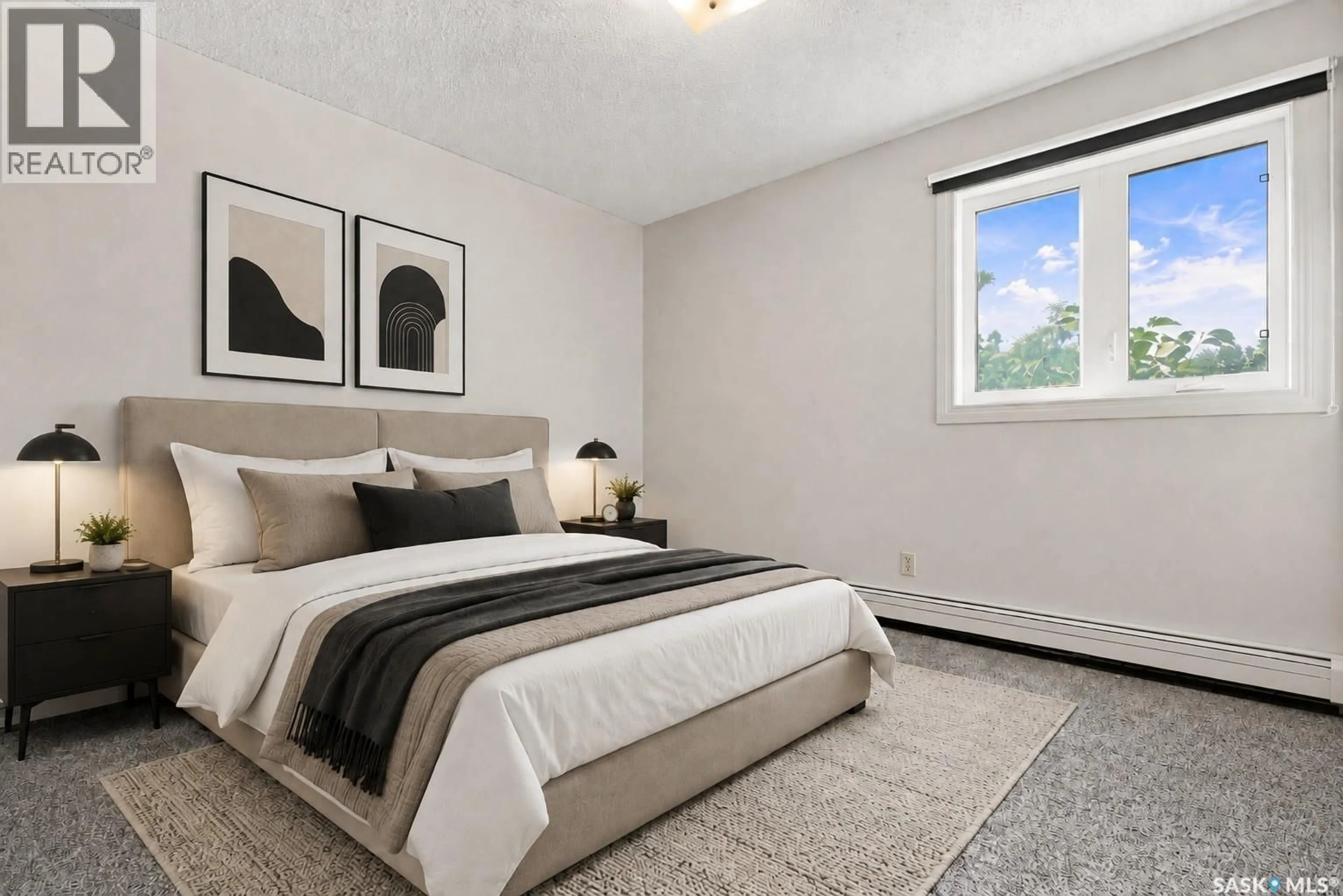 Bedroom with bed, carpet floor for 403 - 212 TAIT COURT, Saskatoon Saskatchewan S7H5L3