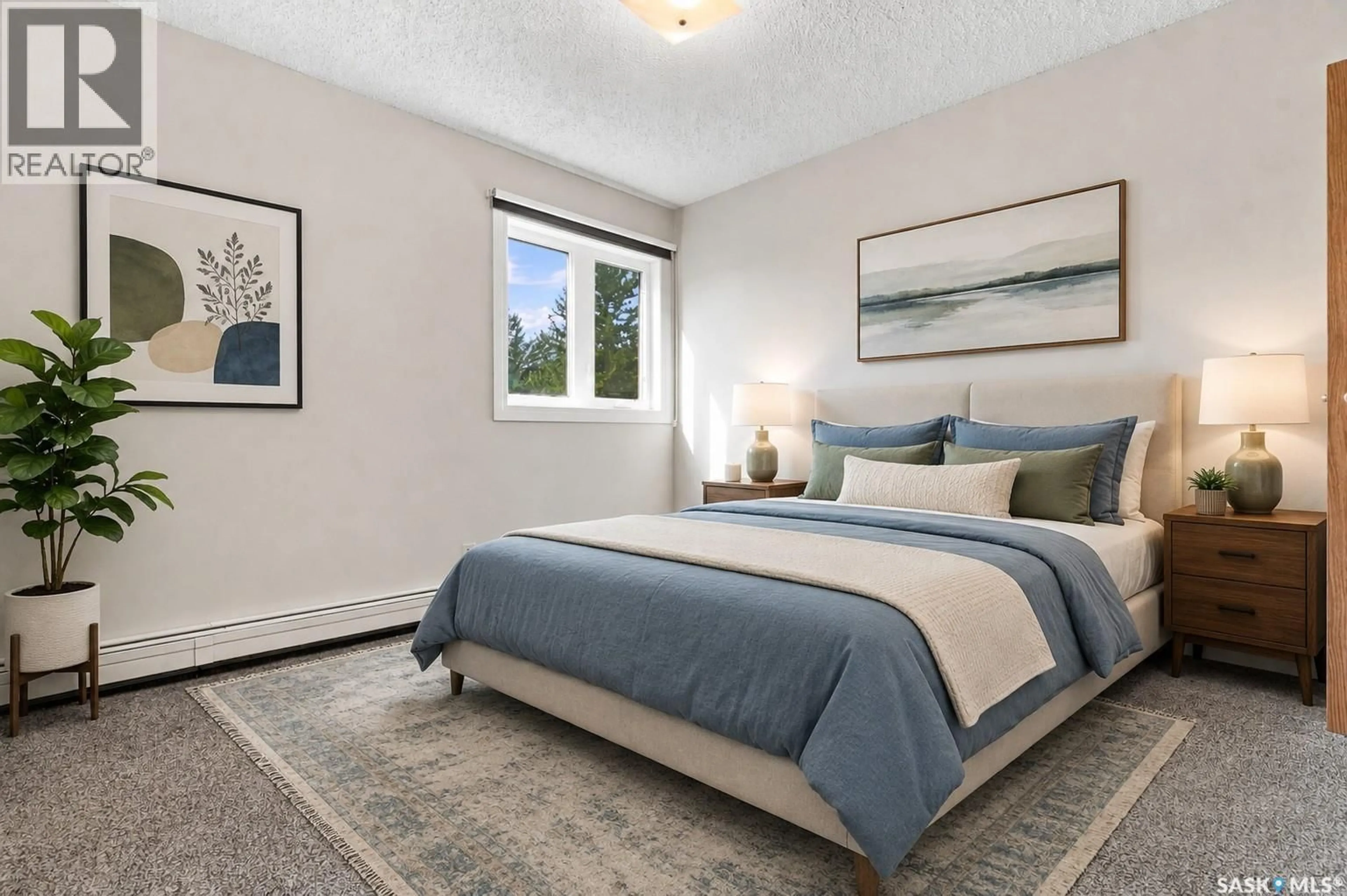 Bedroom with bed, carpet floor for 403 - 212 TAIT COURT, Saskatoon Saskatchewan S7H5L3