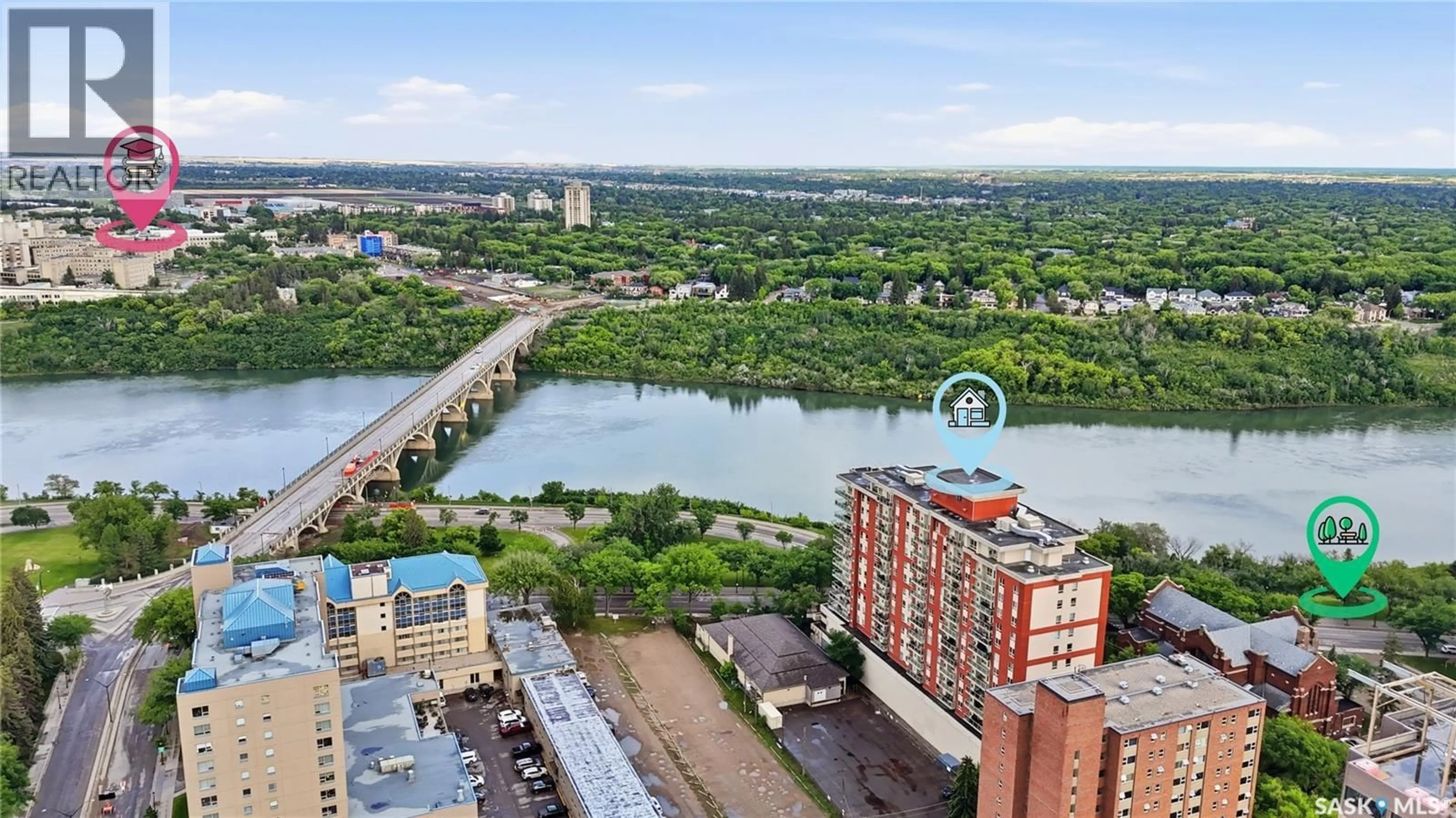 A pic from outside/outdoor area/front of a property/back of a property/a pic from drone, water/lake/river/ocean view for 902 - 1403 SPADINA CRESCENT, Saskatoon Saskatchewan S7K0G8