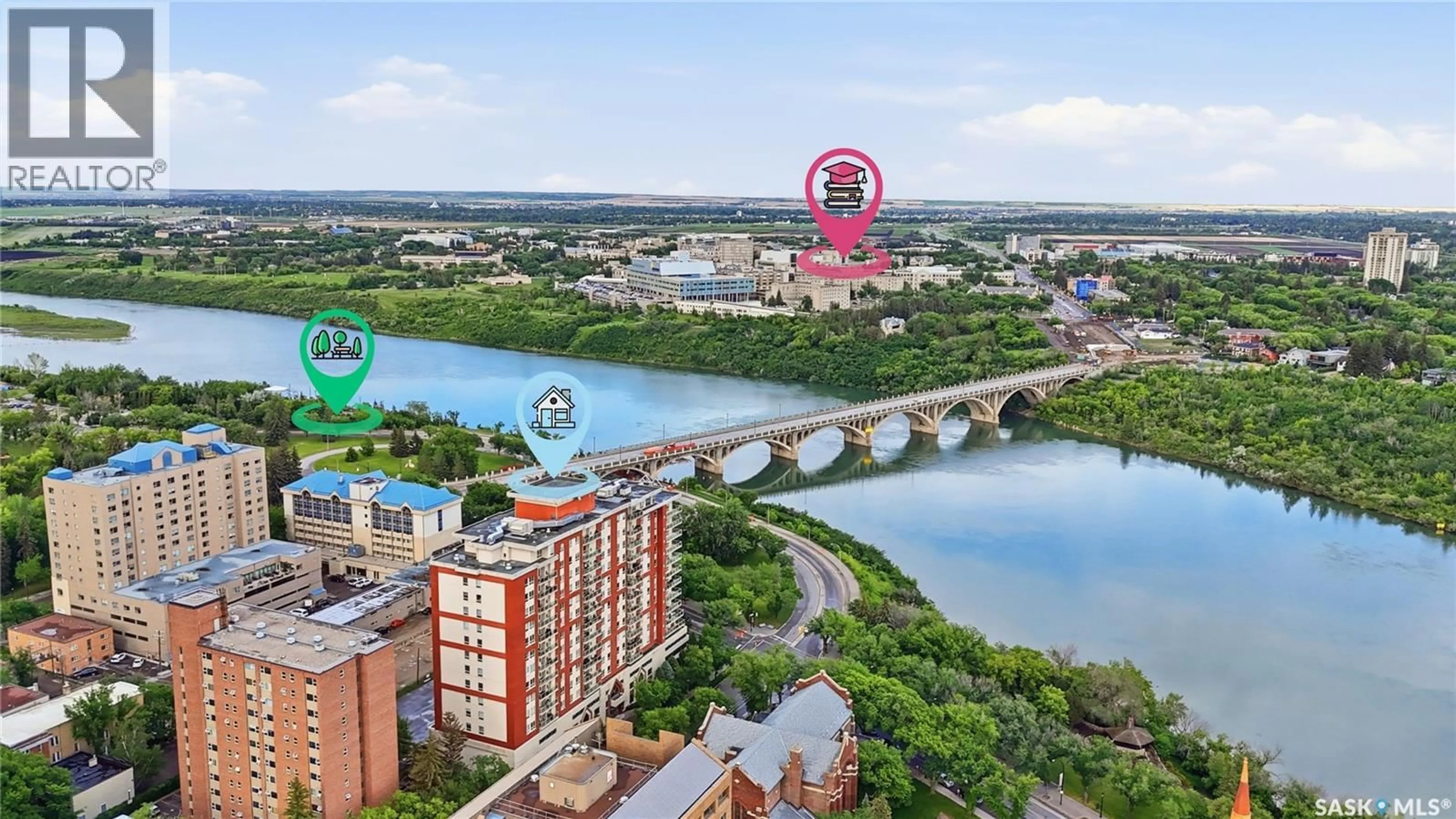 A pic from outside/outdoor area/front of a property/back of a property/a pic from drone, water/lake/river/ocean view for 902 - 1403 SPADINA CRESCENT, Saskatoon Saskatchewan S7K0G8