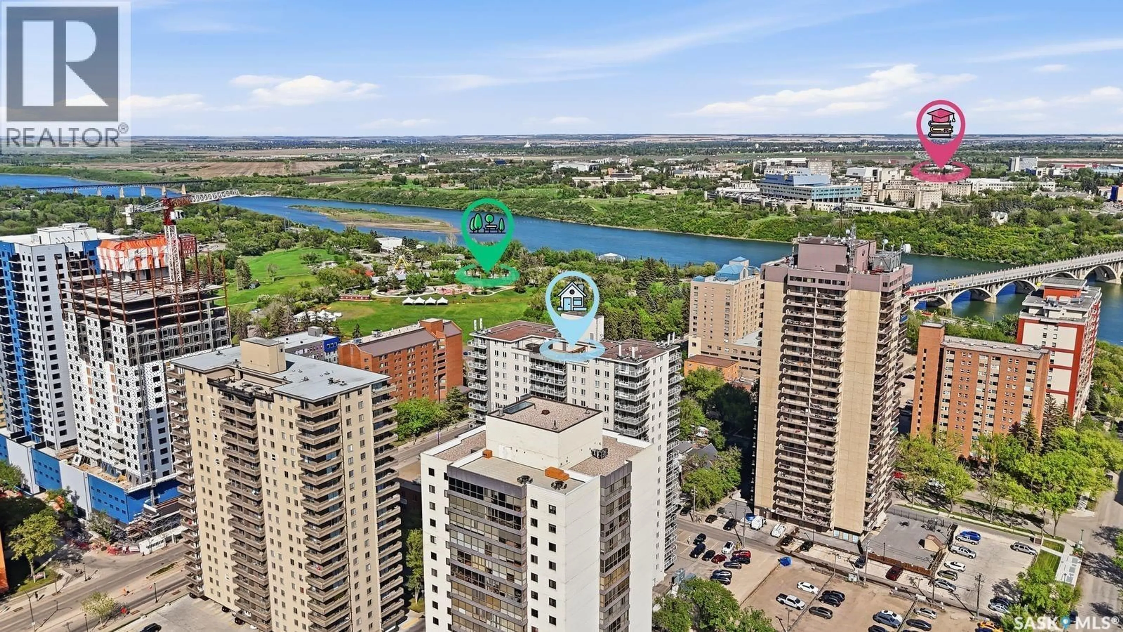 A pic from outside/outdoor area/front of a property/back of a property/a pic from drone, water/lake/river/ocean view for 320 - 1601 5TH AVENUE, Saskatoon Saskatchewan S7K2P5