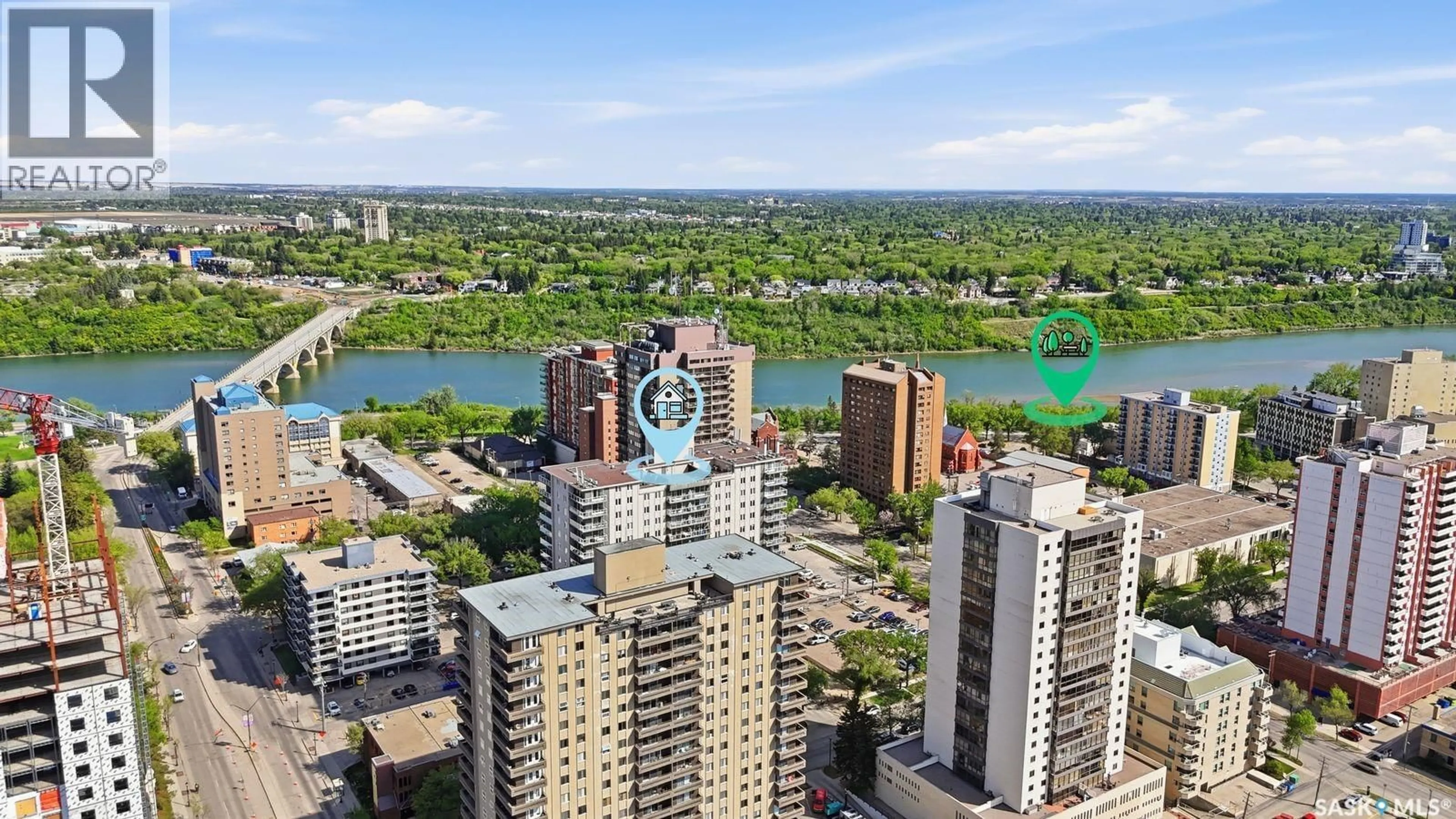 A pic from outside/outdoor area/front of a property/back of a property/a pic from drone, city buildings view from balcony for 320 - 1601 5TH AVENUE, Saskatoon Saskatchewan S7K2P5