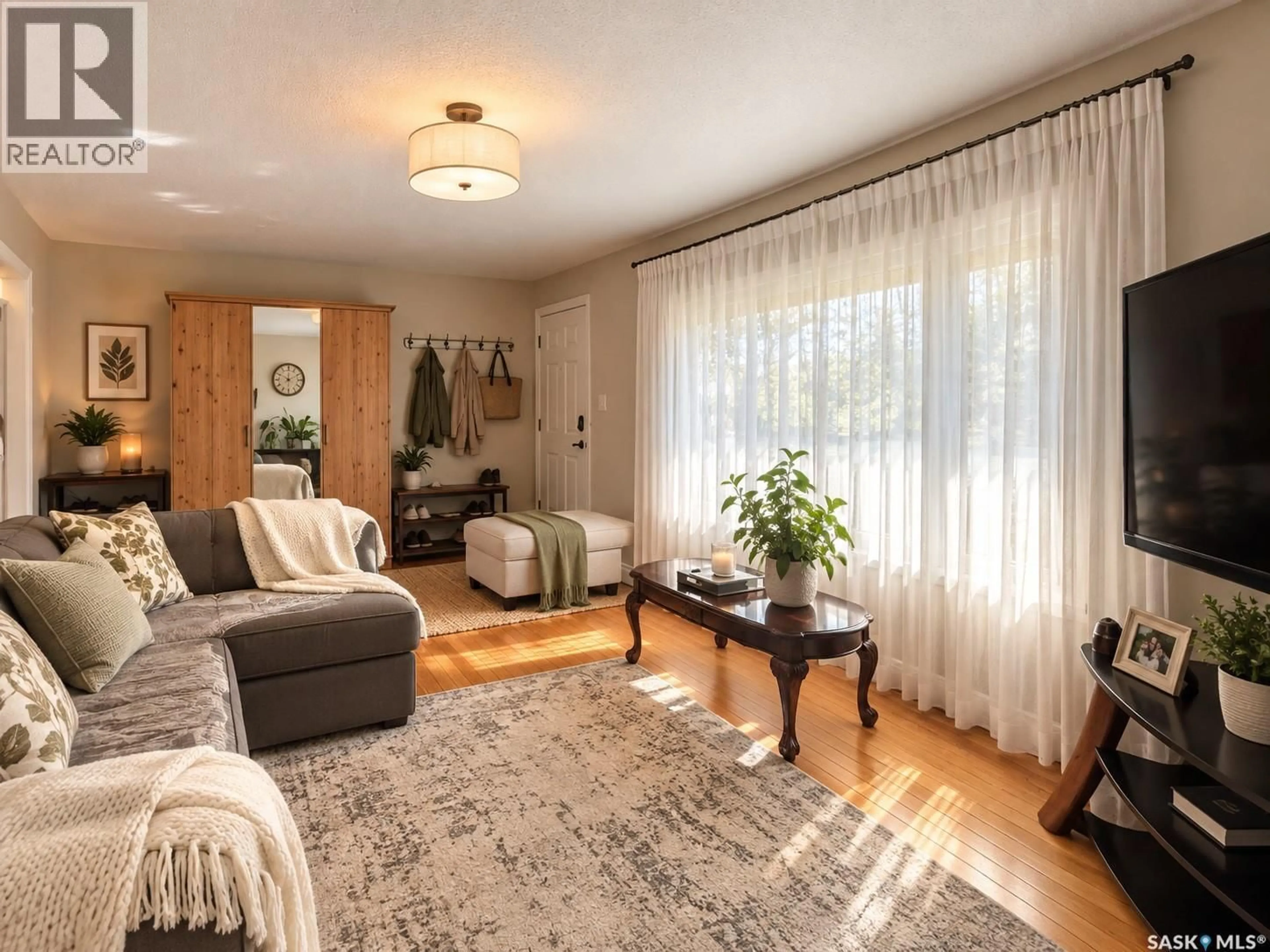 Living room with furniture, wood/laminate floor for 22 210 CAMPONI PLACE, Saskatoon Saskatchewan S7M1J7