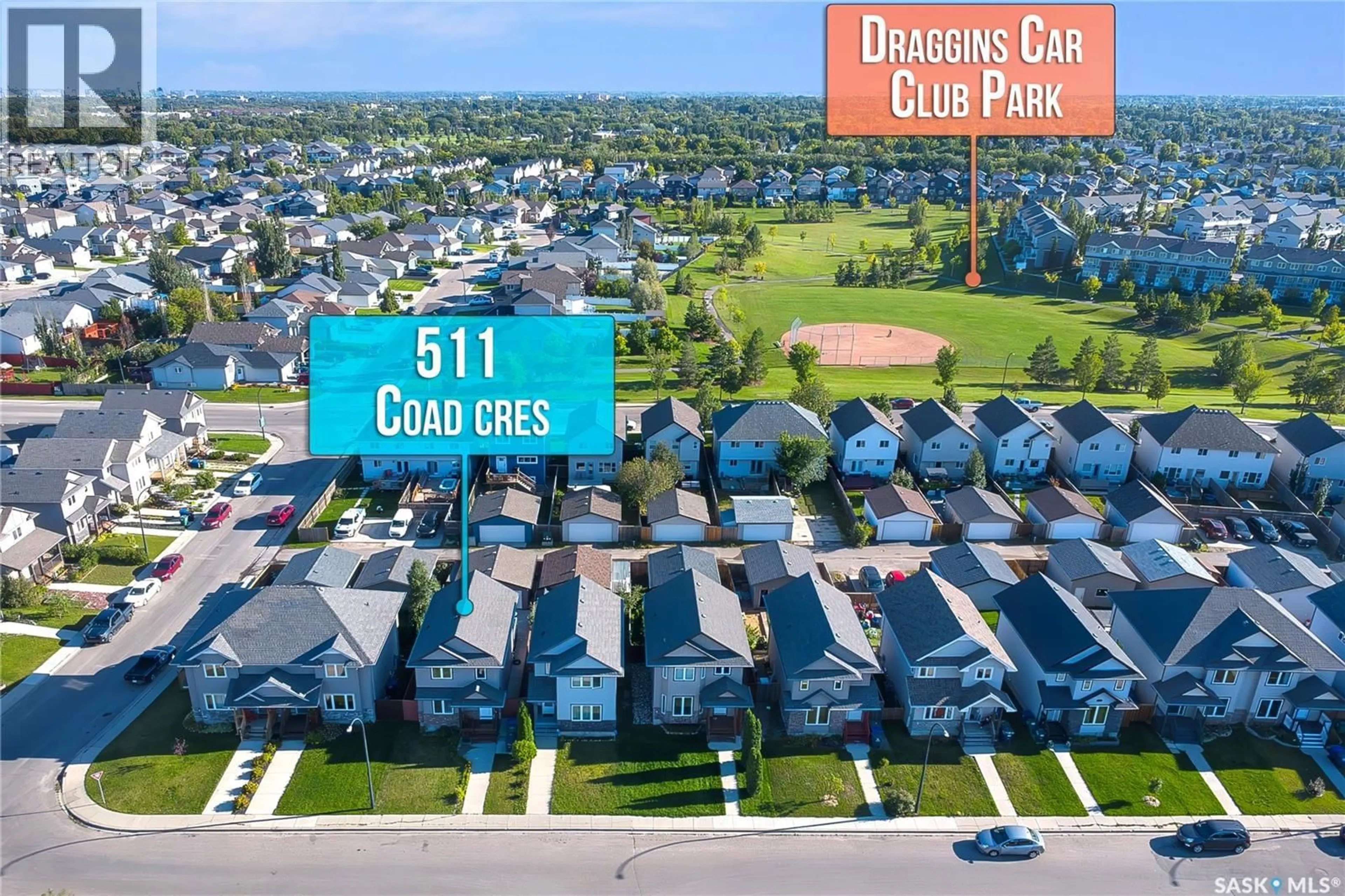 A pic from outside/outdoor area/front of a property/back of a property/a pic from drone, street for 511 COAD CRESCENT, Saskatoon Saskatchewan S7R0A7