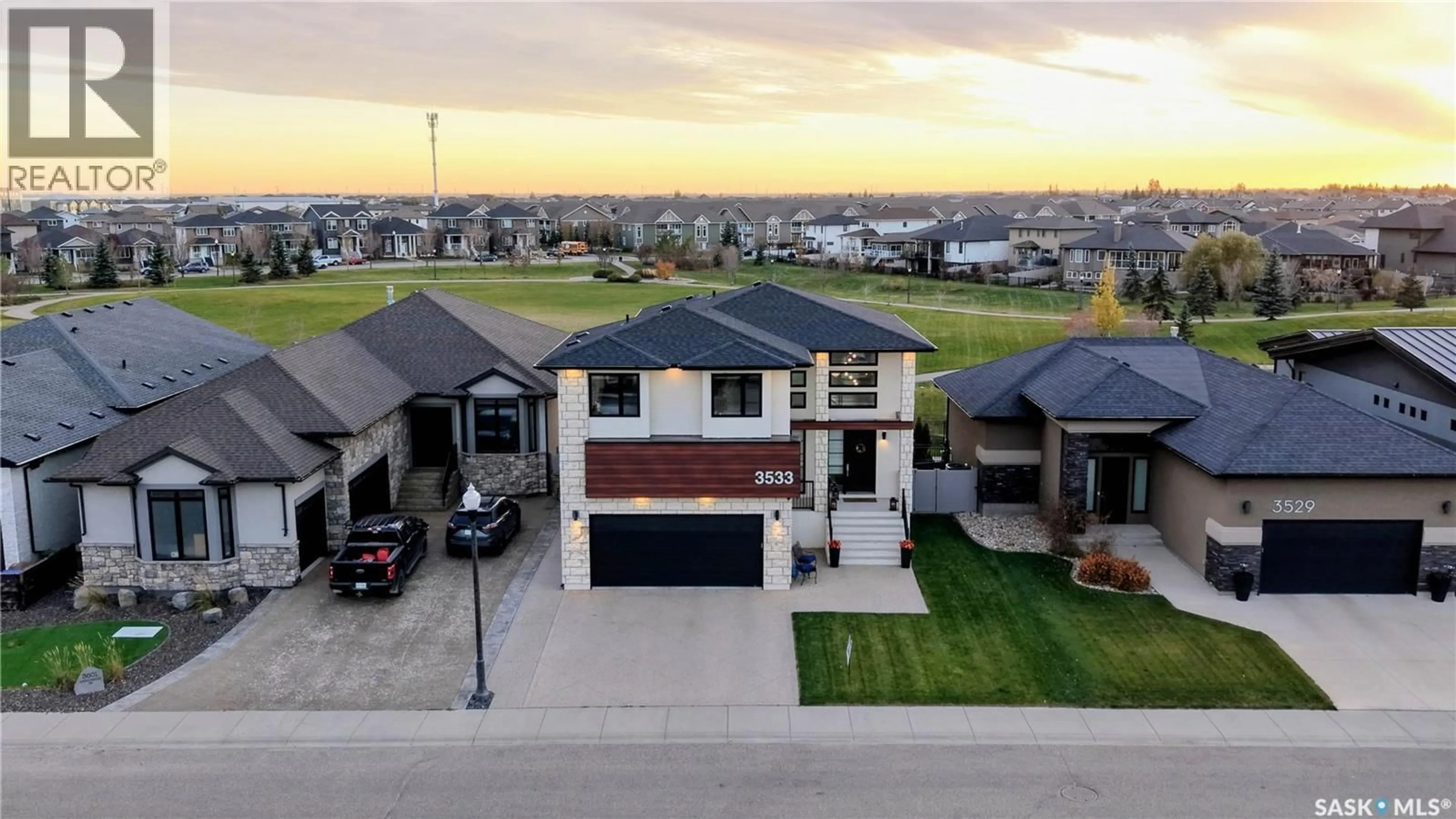 A pic from outside/outdoor area/front of a property/back of a property/a pic from drone, street for 3533 GREEN BROOK ROAD, Regina Saskatchewan S4V1R5