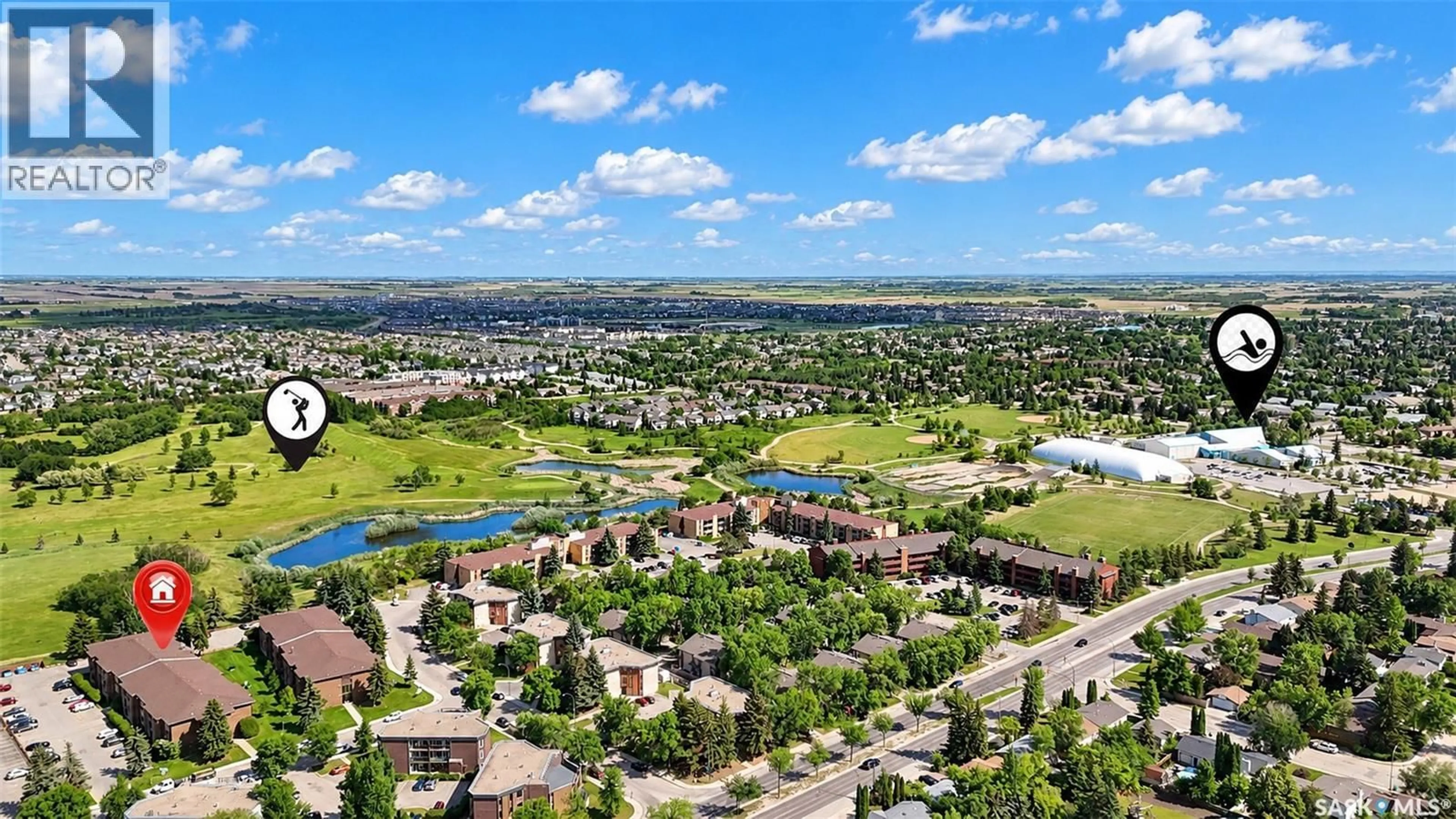 A pic from outside/outdoor area/front of a property/back of a property/a pic from drone, water/lake/river/ocean view for 309 315 TAIT CRESCENT, Saskatoon Saskatchewan S7H5L6