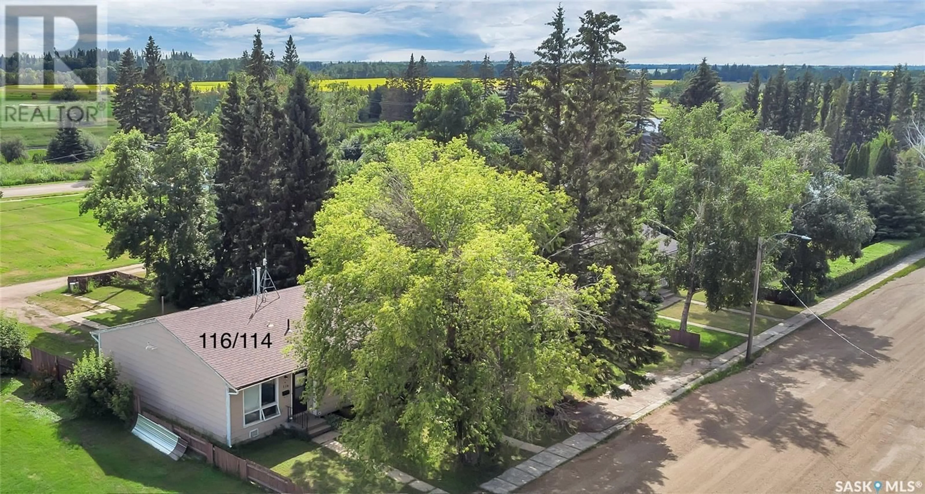 A pic from outside/outdoor area/front of a property/back of a property/a pic from drone, forest/trees view for 114/116 1ST AVENUE, Hyas Saskatchewan S0A1K0