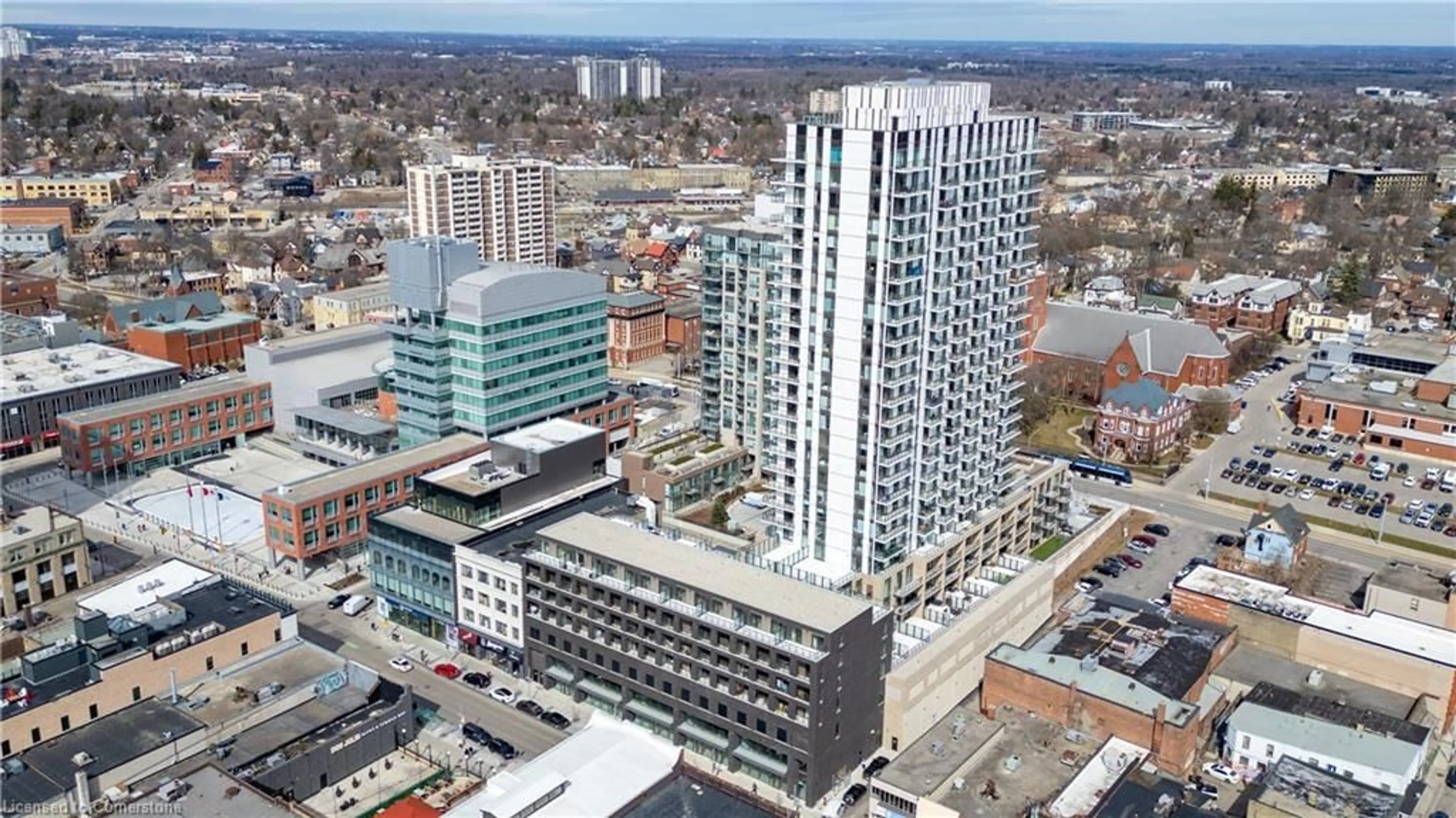 A pic from exterior of the house or condo, the view of city buildings for 55 Duke St #1007, Kitchener Ontario N2H 0C9