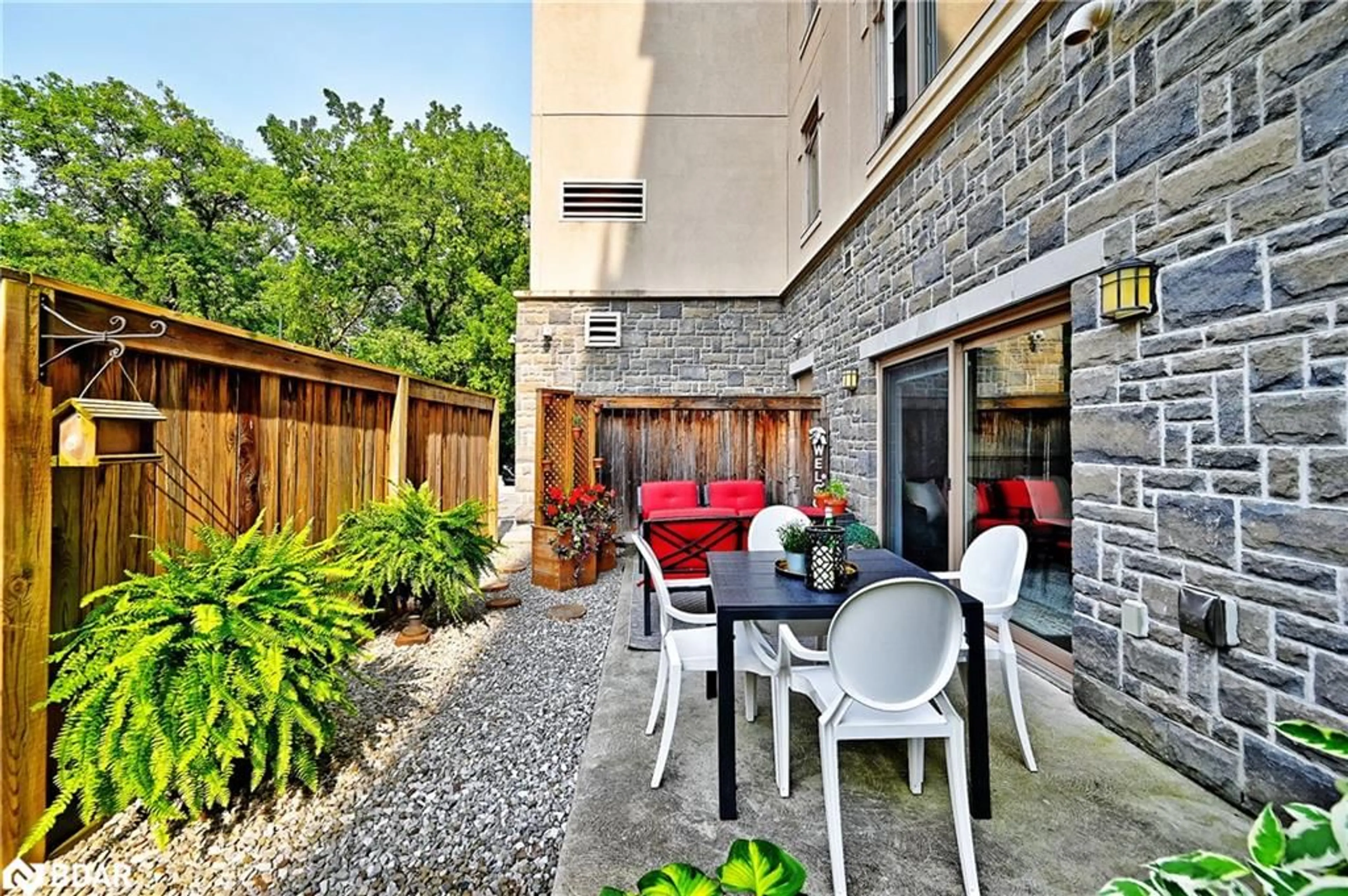 Patio, the fenced backyard for 149 Church St #108, Schomberg Ontario L0G 1T0