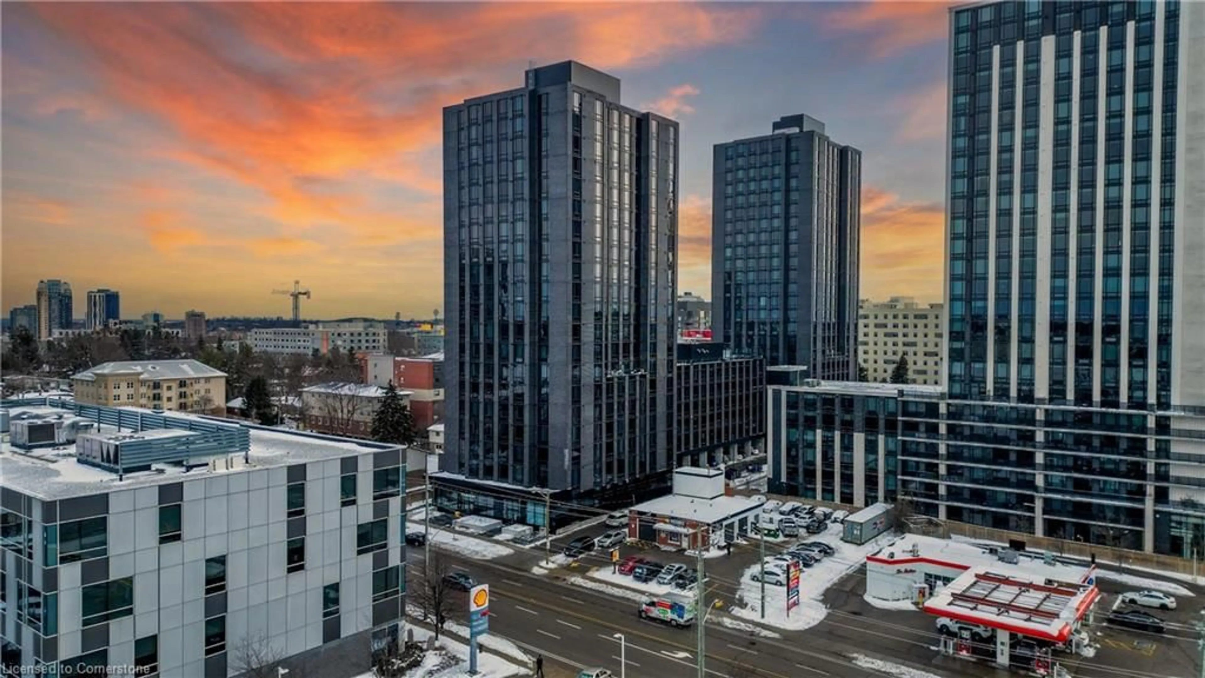 A pic from outside/outdoor area/front of a property/back of a property/a pic from drone, city buildings view from balcony for 145 Columbia St #1210, Waterloo Ontario N2L 0K7