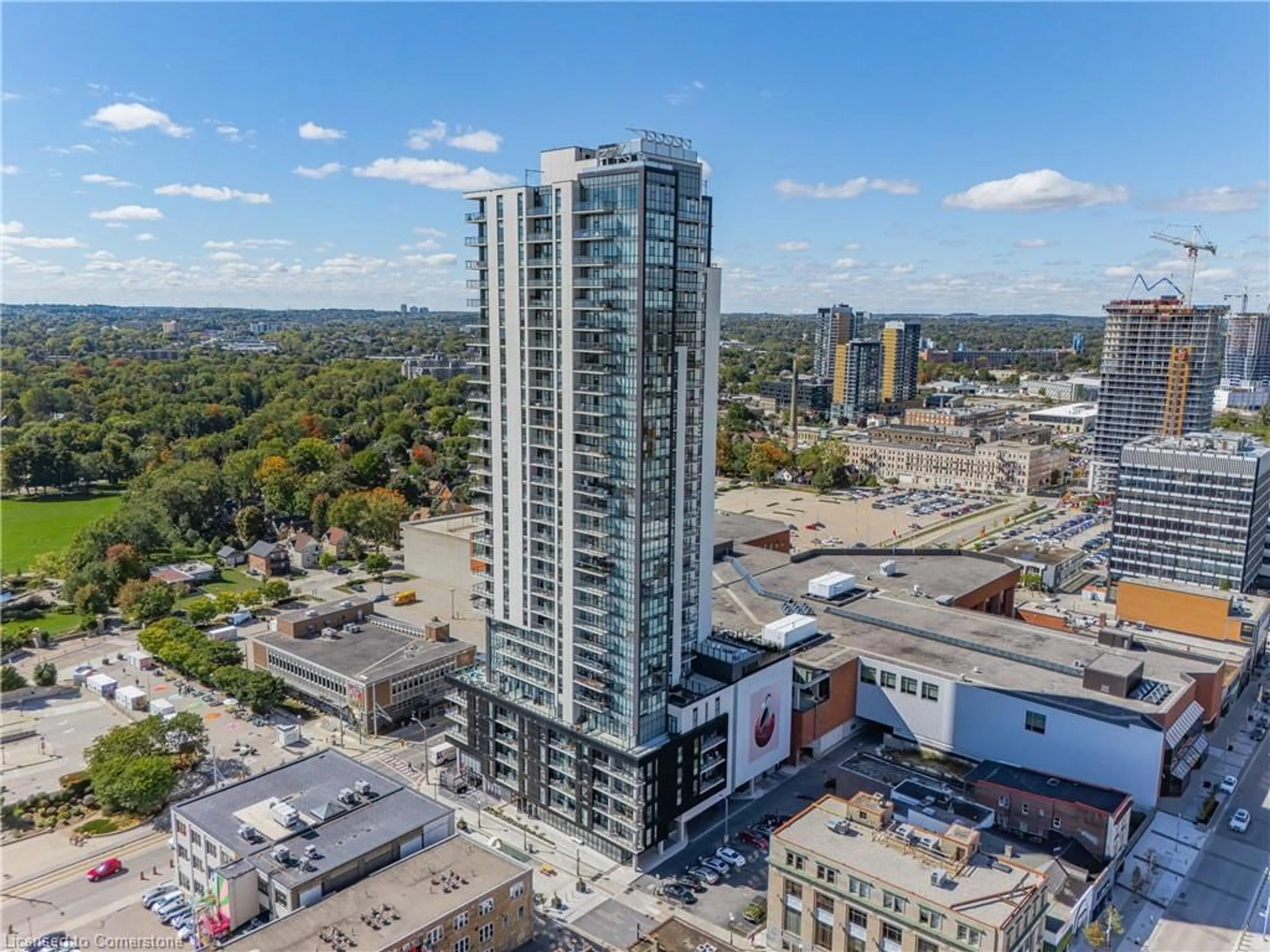 A pic from exterior of the house or condo, the view of city buildings for 60 Charles St #807, Kitchener Ontario N2G 0C9