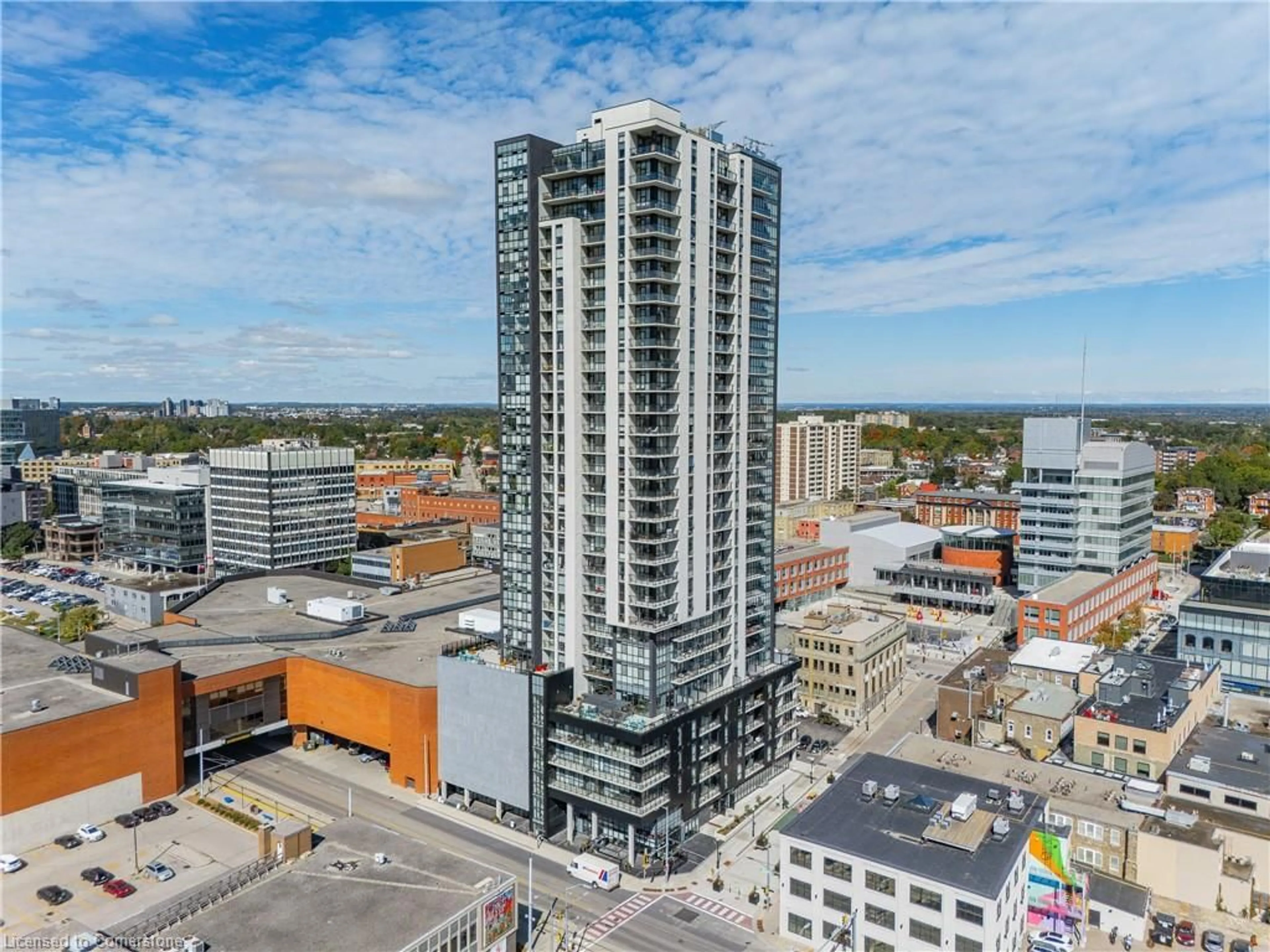 A pic from exterior of the house or condo, the view of city buildings for 60 Charles St #807, Kitchener Ontario N2G 0C9