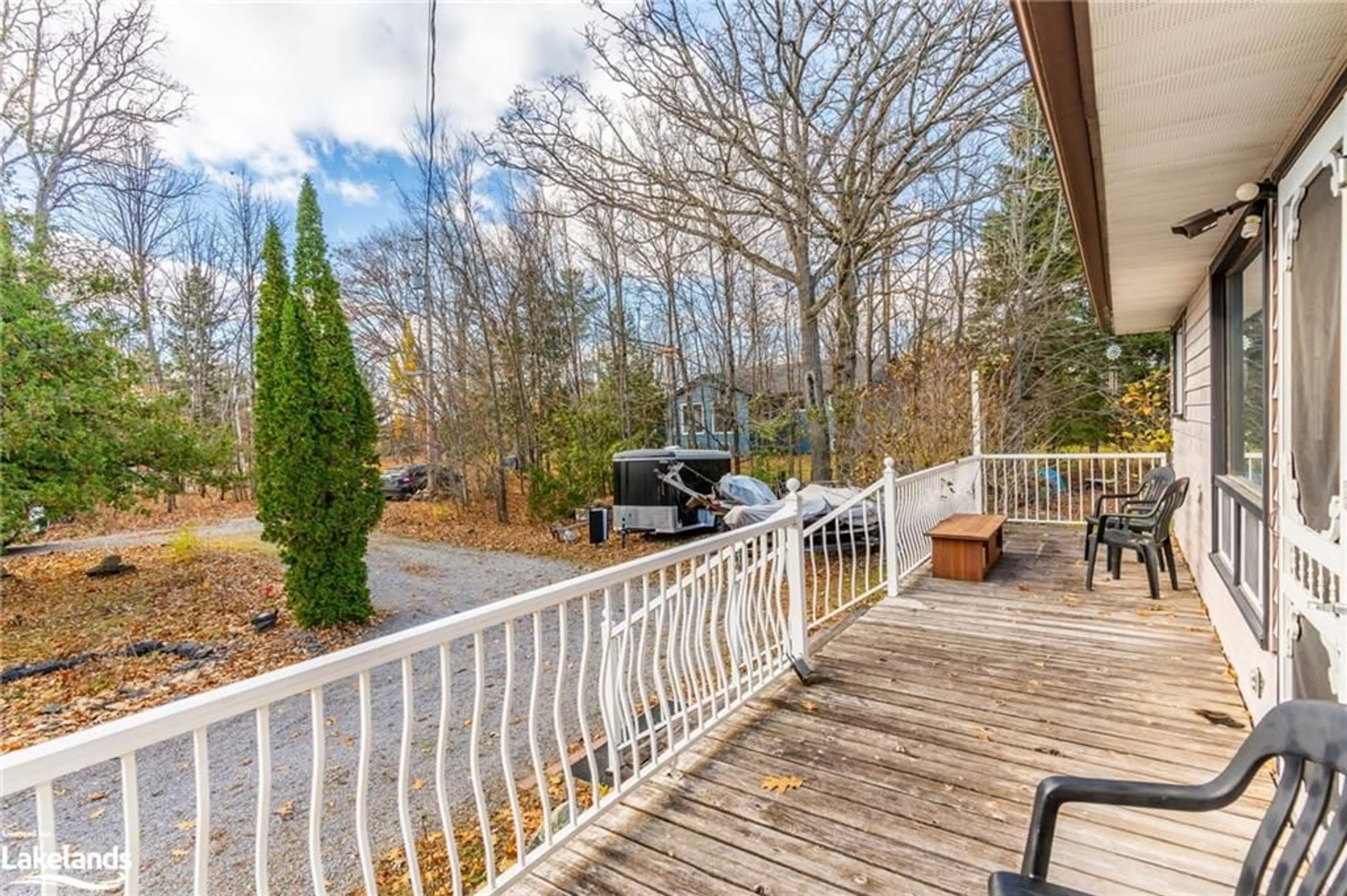 Patio, the fenced backyard for 20 Camelot Pl, Kirkfield Ontario K0M 2B0