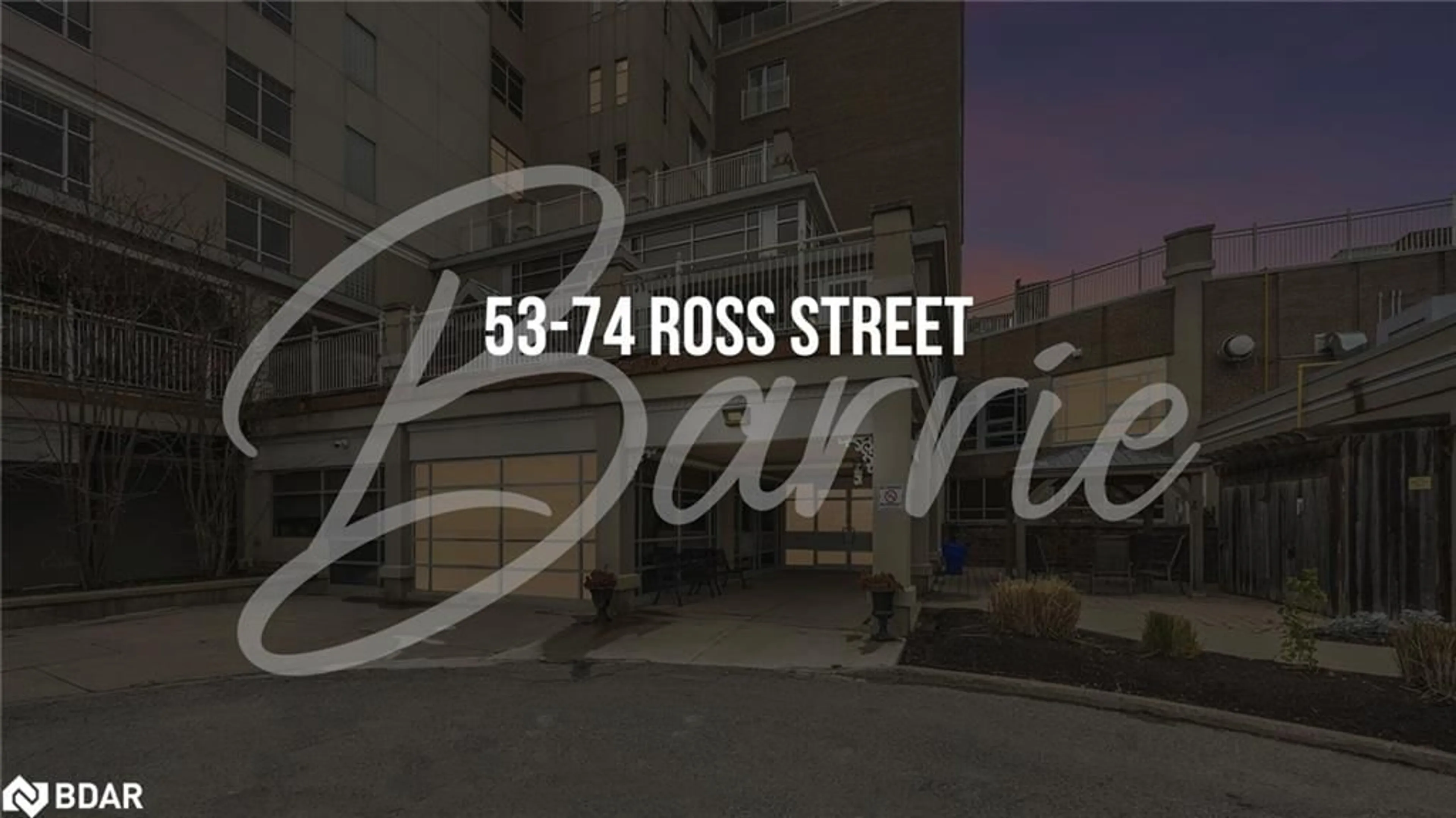 A pic from exterior of the house or condo, the street view for 74 Ross St #53, Barrie Ontario L4N 1G3